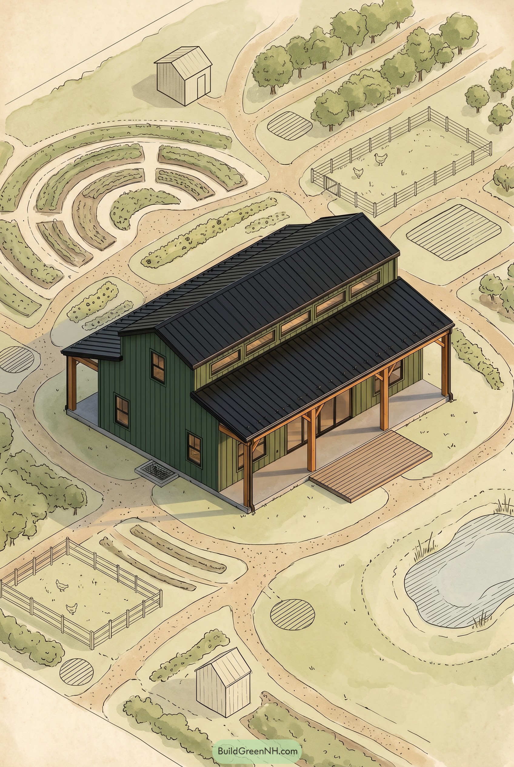 Green barndominium with gardens and farm paths