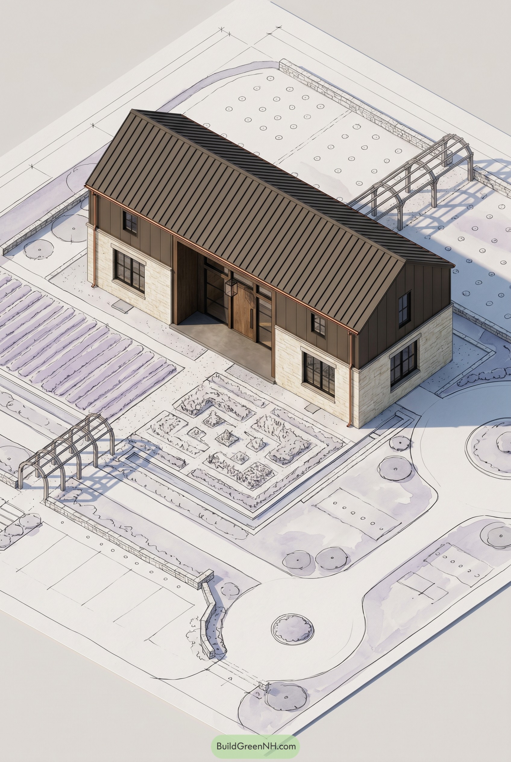 Modern barndominium with garden beds and pergolas