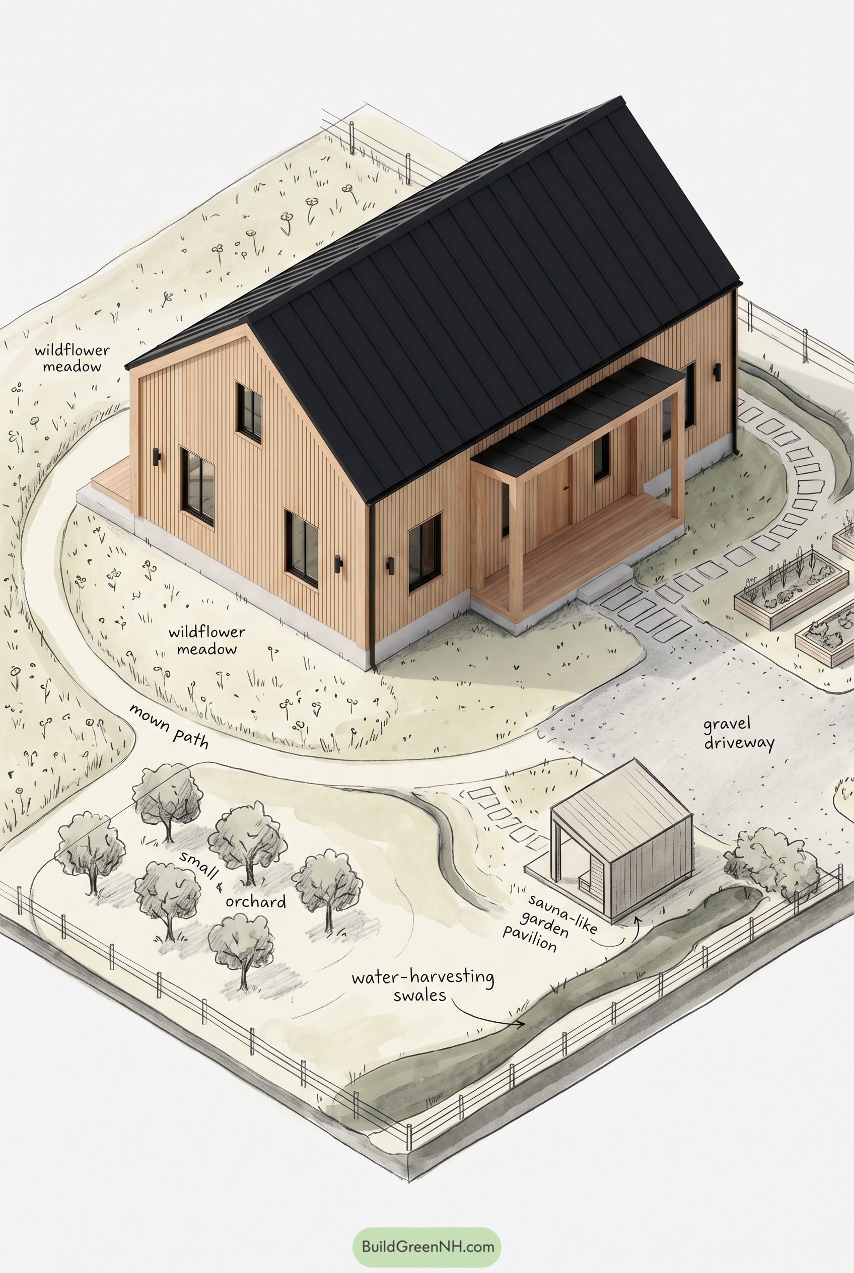 Pale wood barndominium with black roof in meadow garden