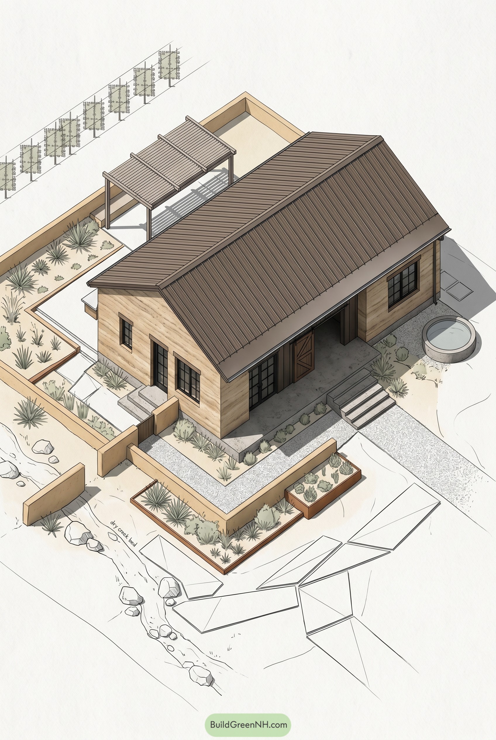 Aerial rendering of desert garden barndominium