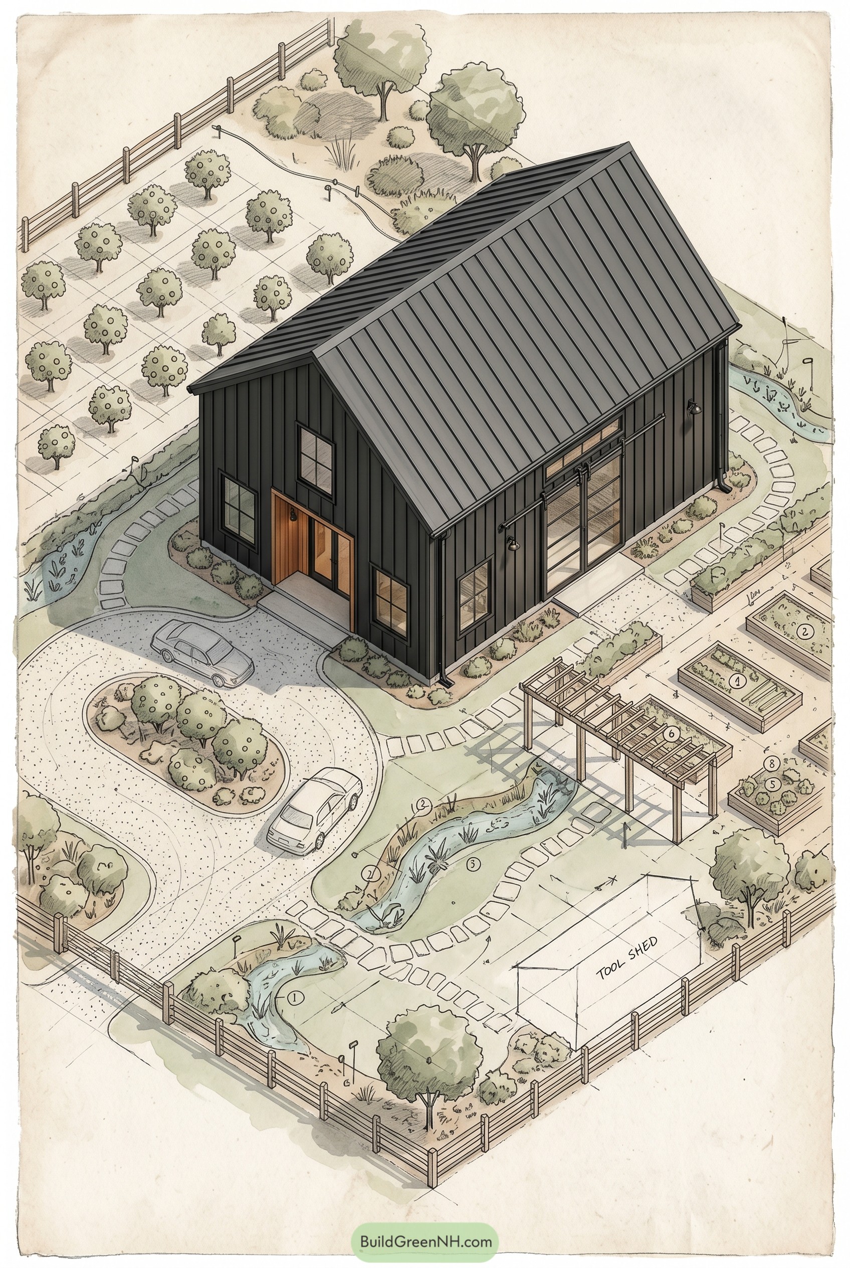 Black barndominium with gardens and orchard