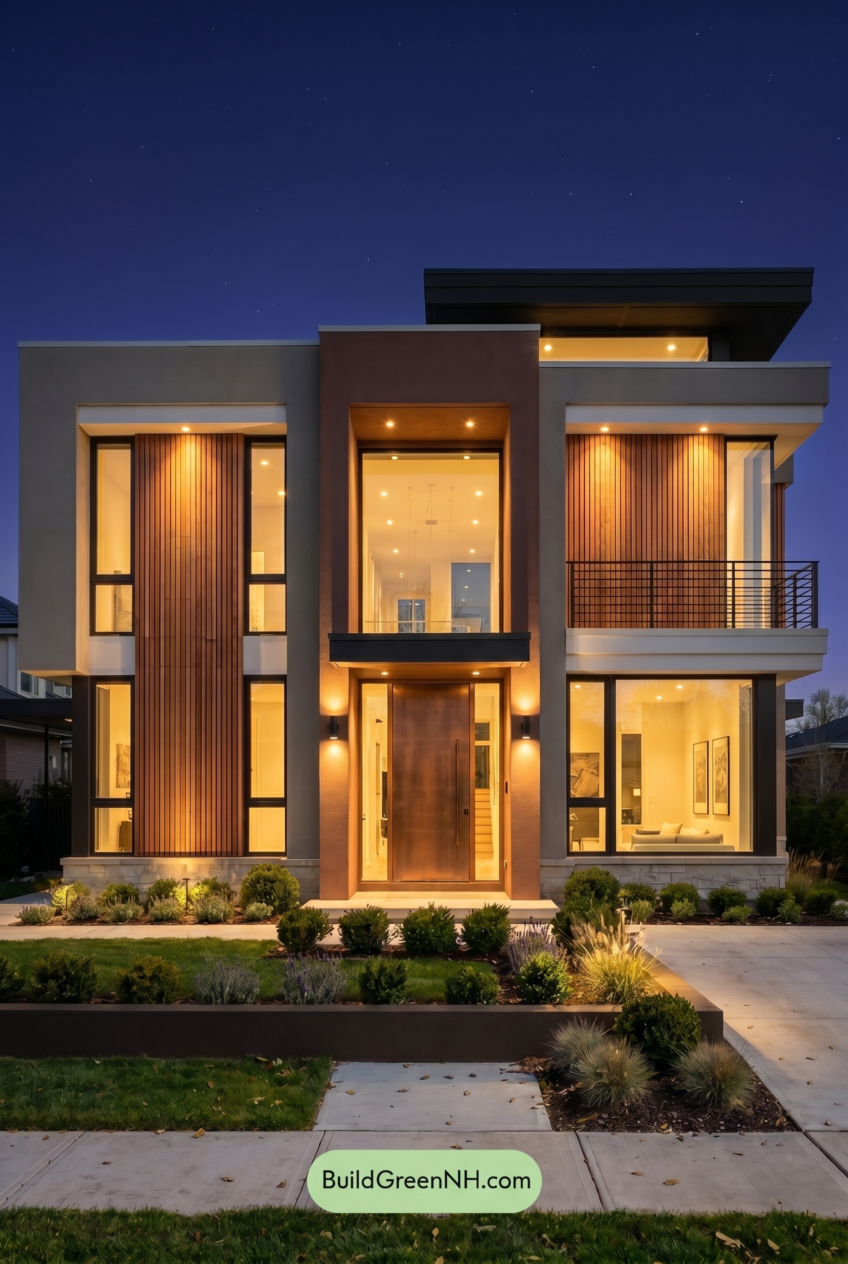 Modern Bronze House Exterior Color Scheme: Greige Cedar Warmth - Nighttime
