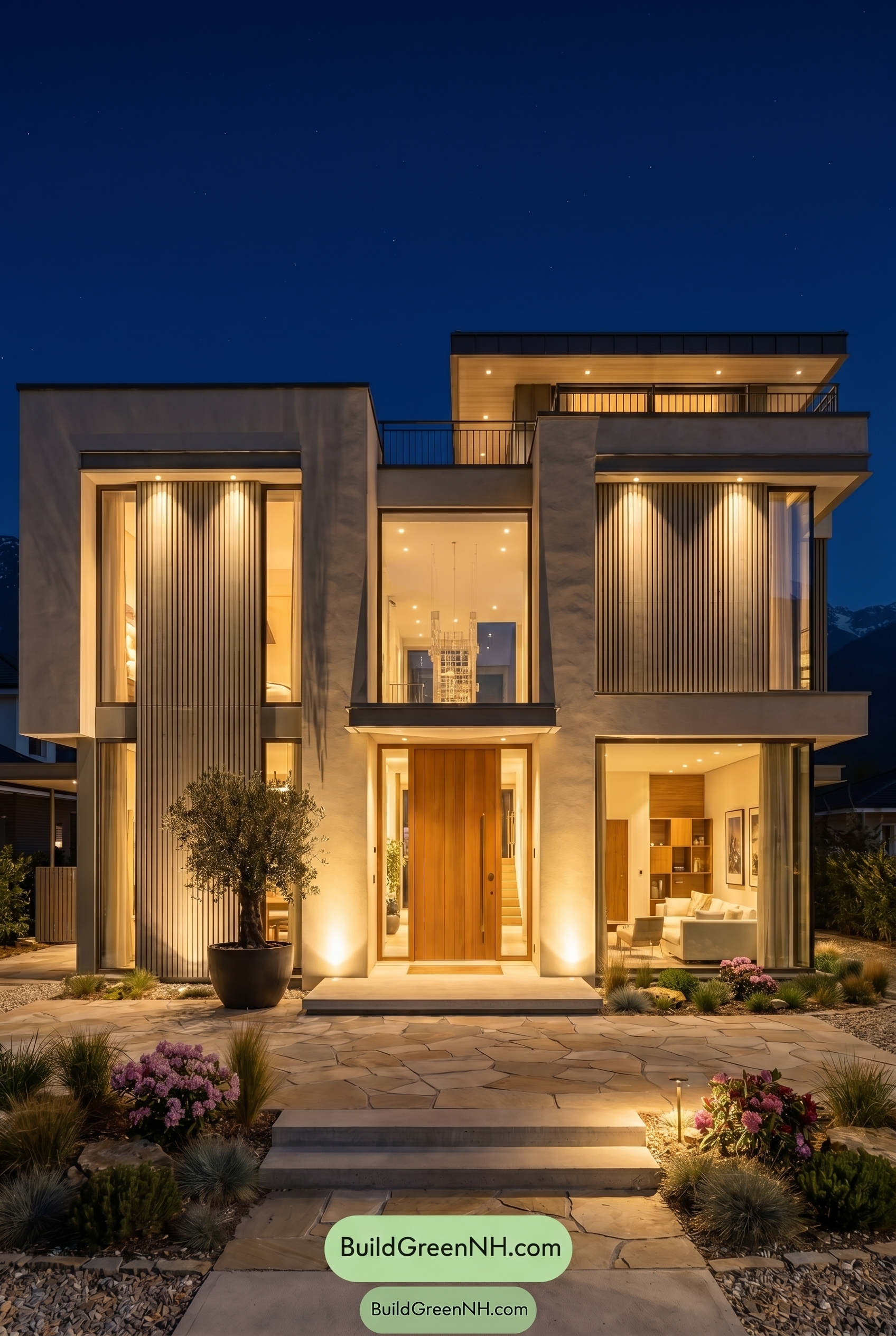 Modern Bronze House Exterior Color Scheme: Ivory Mountain Light - Nighttime