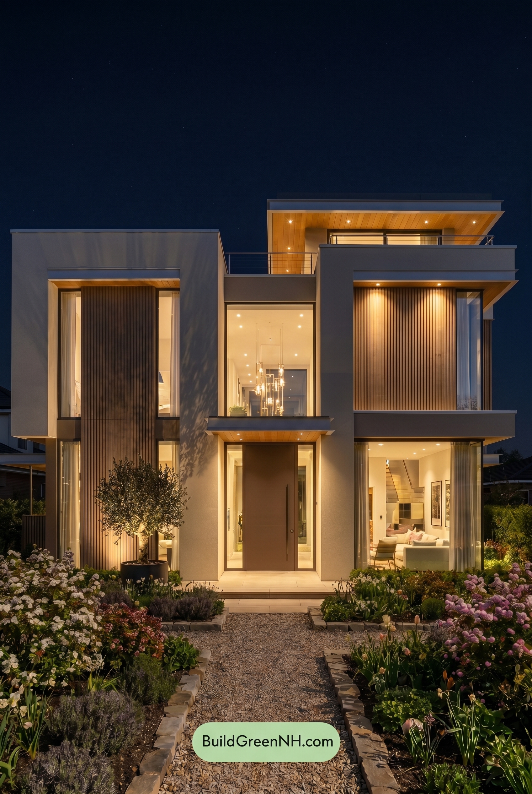 Modern Bronze House Exterior Color Scheme: Pale Stone Breeze - Nighttime