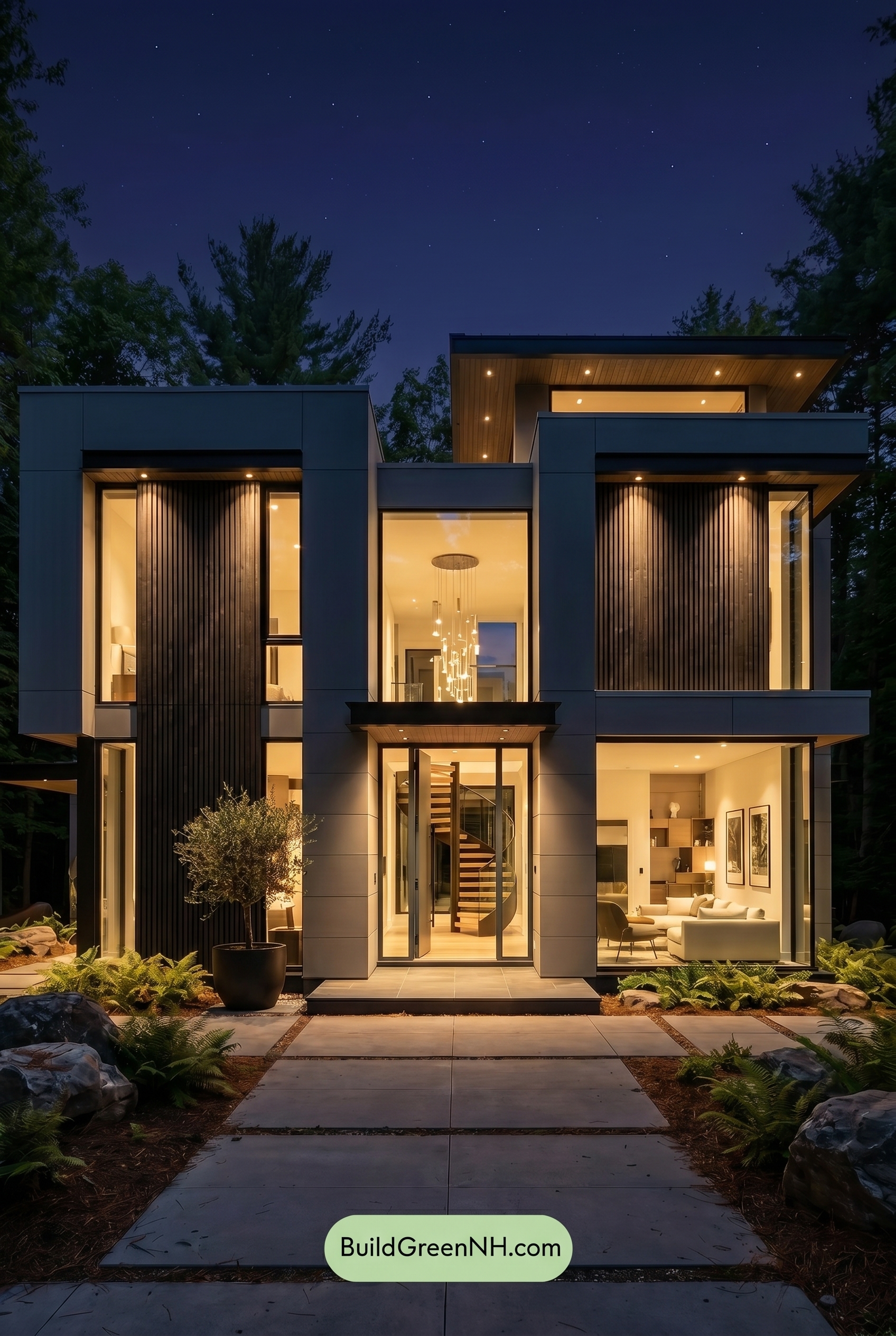 Modern Bronze House Exterior Color Scheme: Smoky Gray Stillness - Nighttime