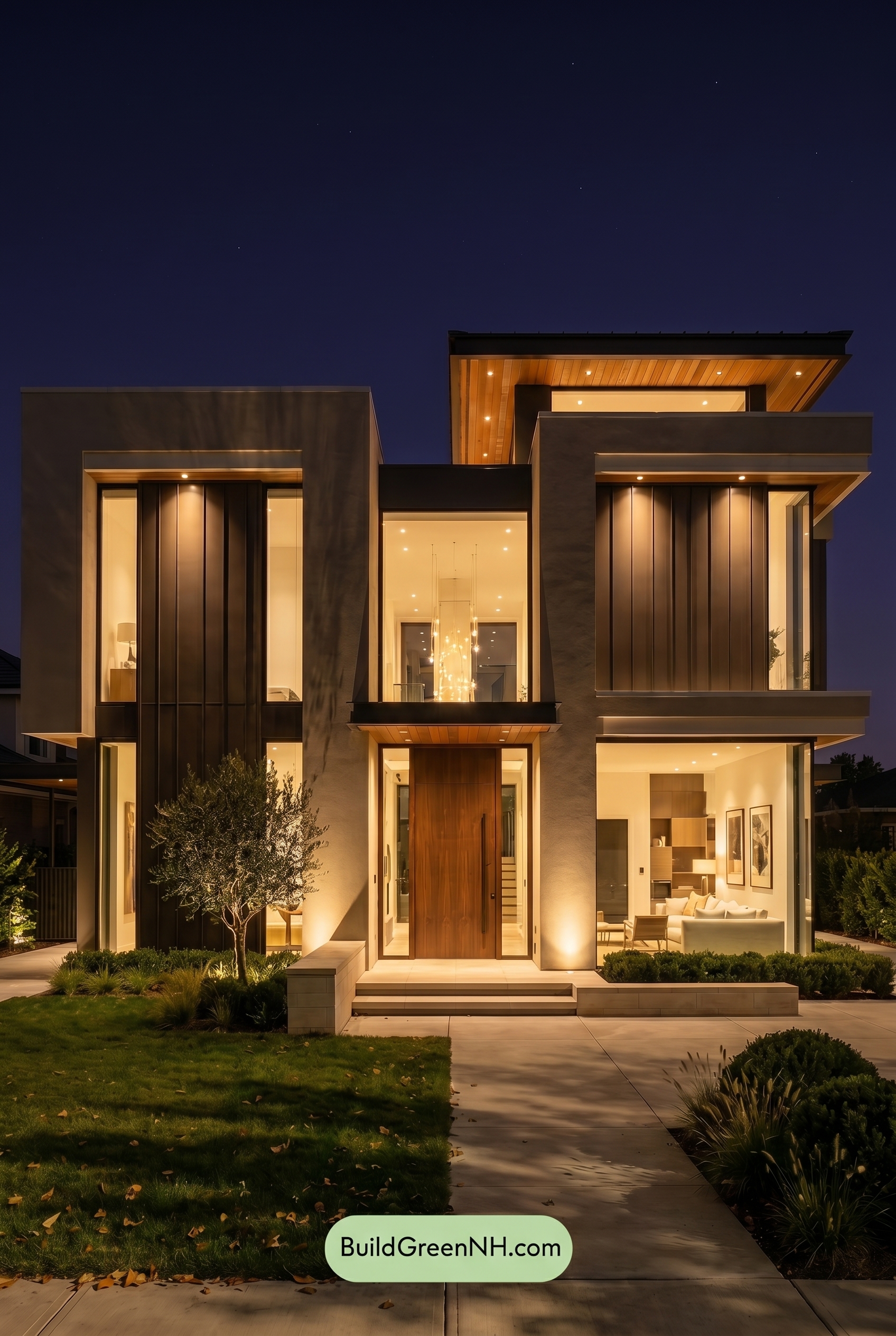 Modern Bronze House Exterior Color Scheme: Warm Taupe Quiet - Nighttime