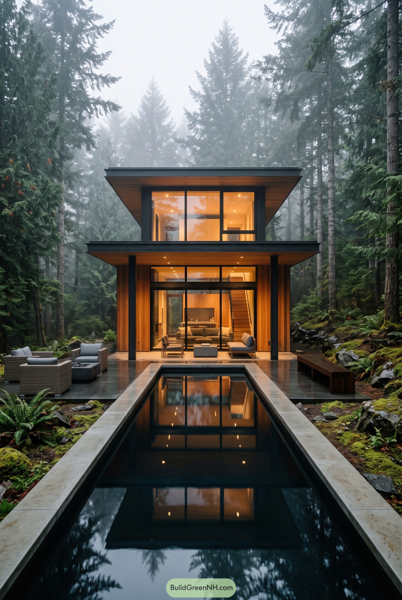 Modern wood cabin with pool in foggy forest