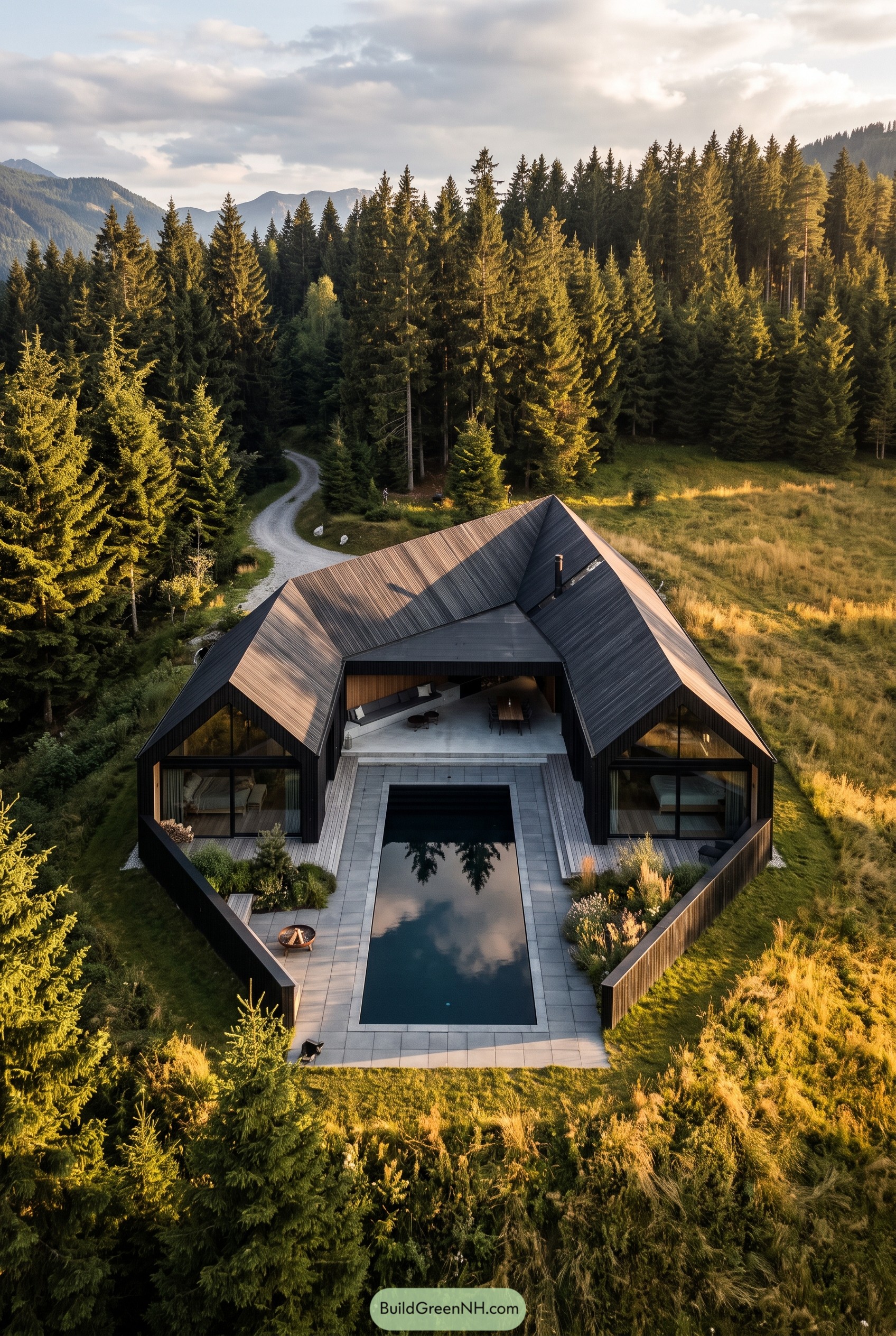 Dark gabled cabin with courtyard pool