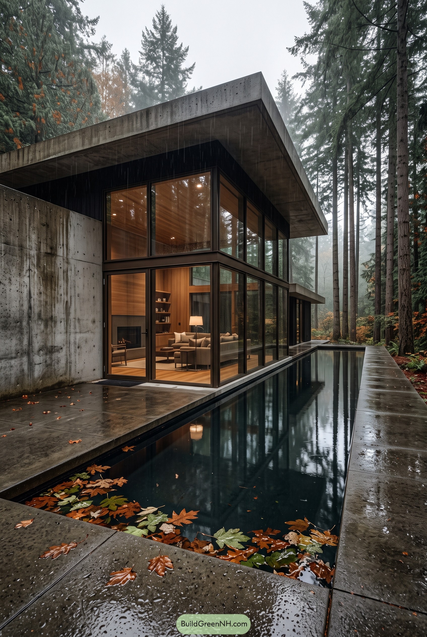 Glass and concrete forest cabin with pool