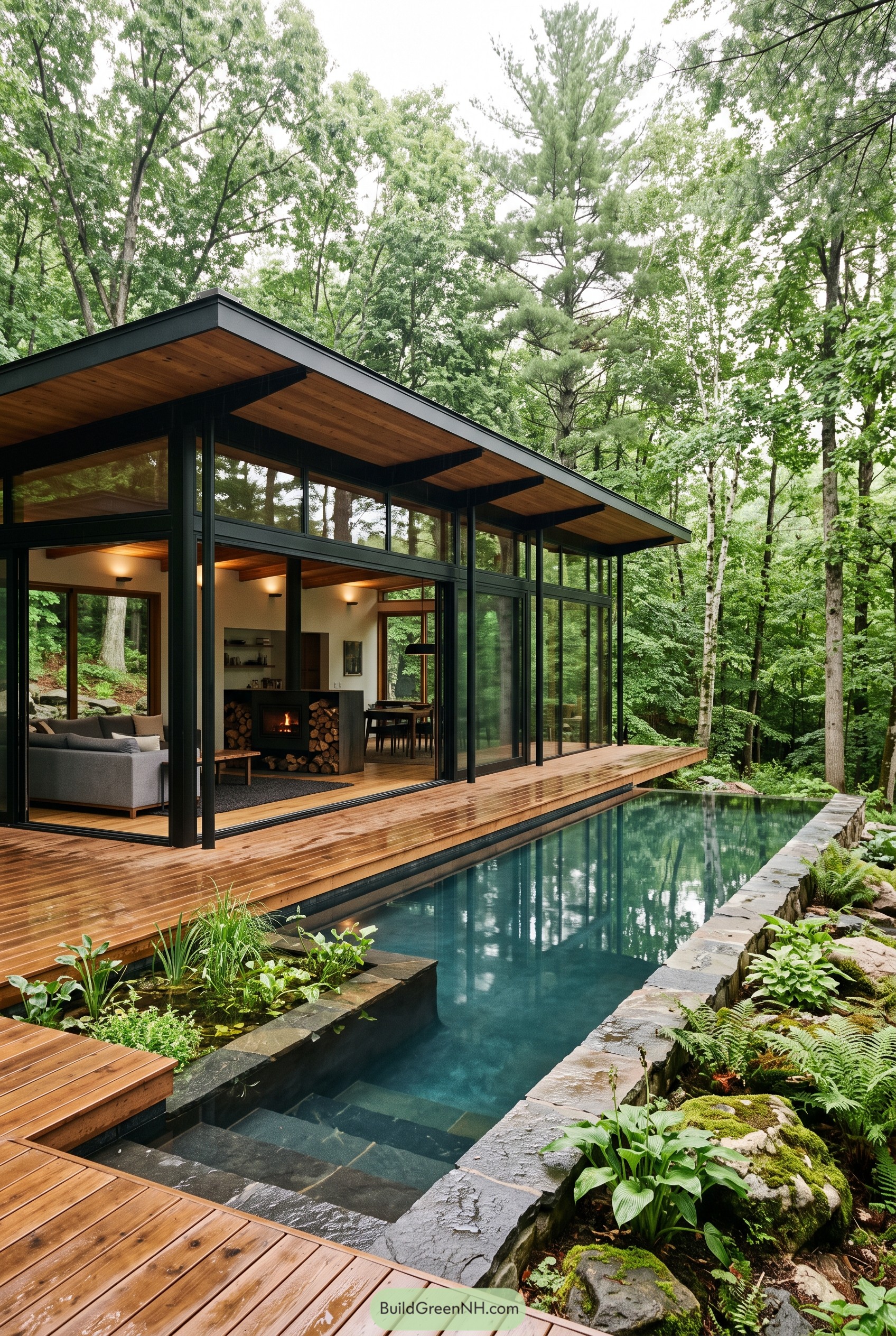 Modern glass cabin beside a forest pool