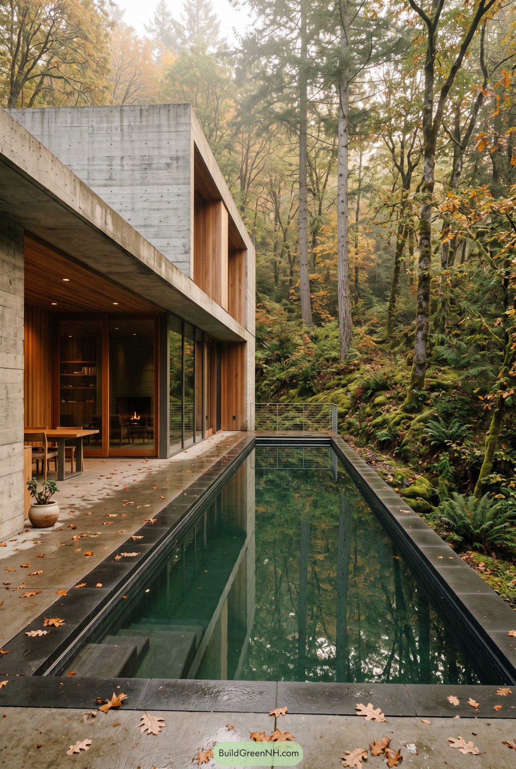 Concrete forest cabin with lap pool