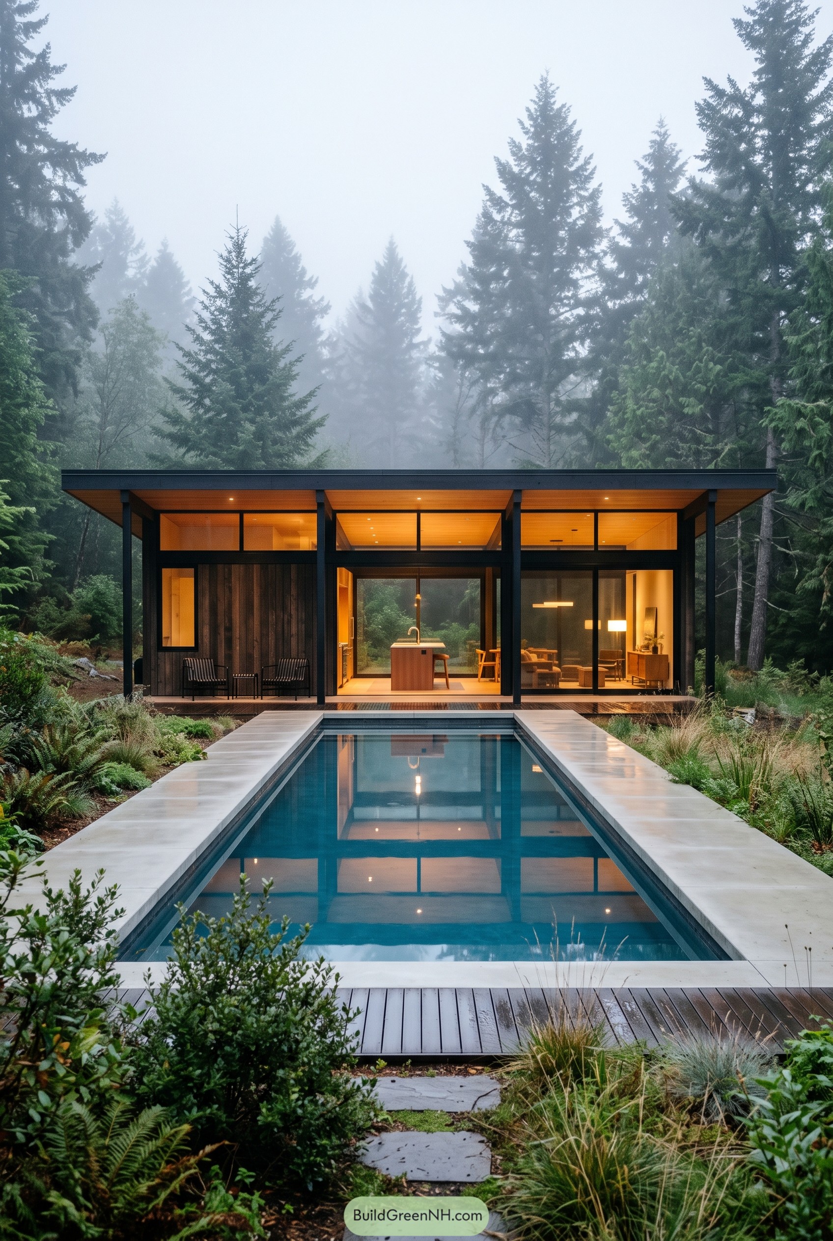 Modern glass cabin with forest pool