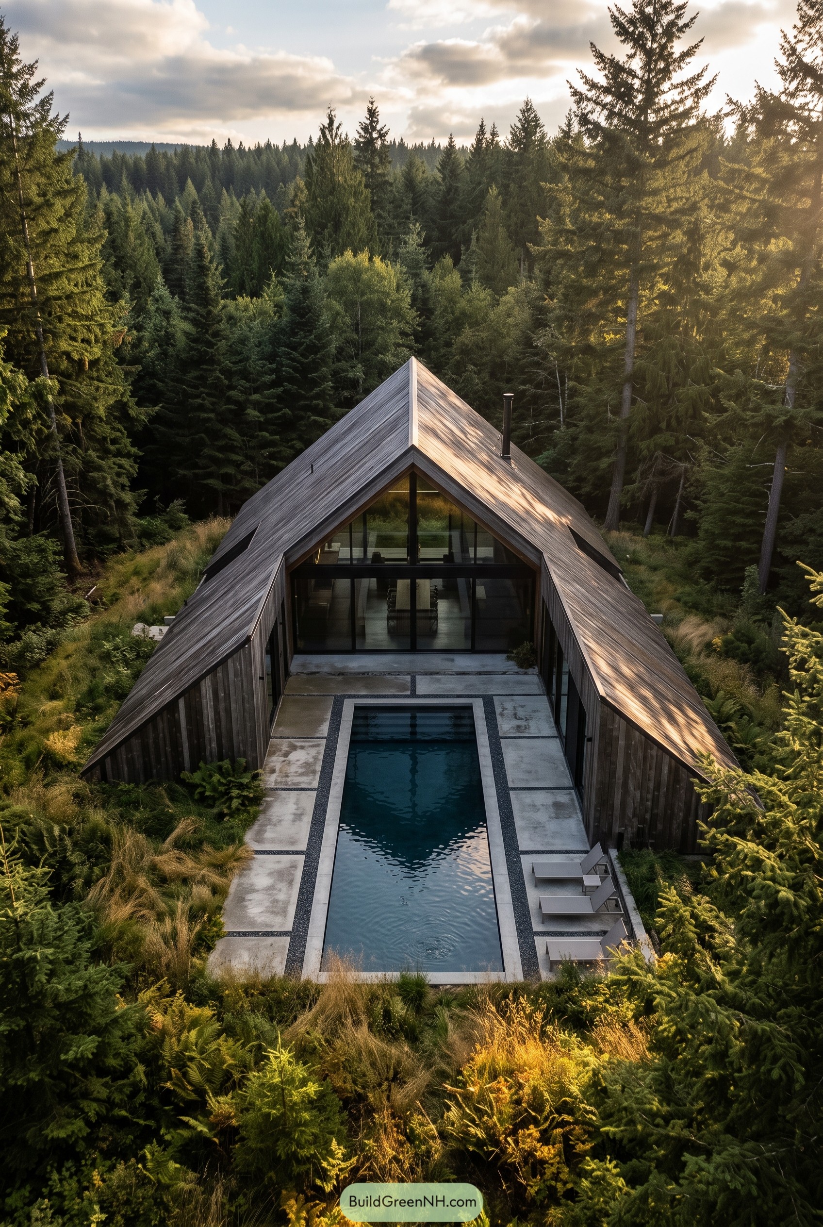 A-frame forest cabin with narrow pool