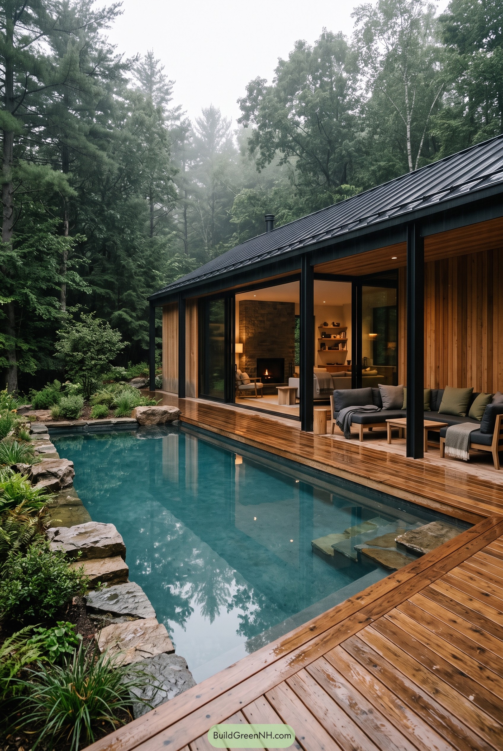 Modern wooded home with pool and deck