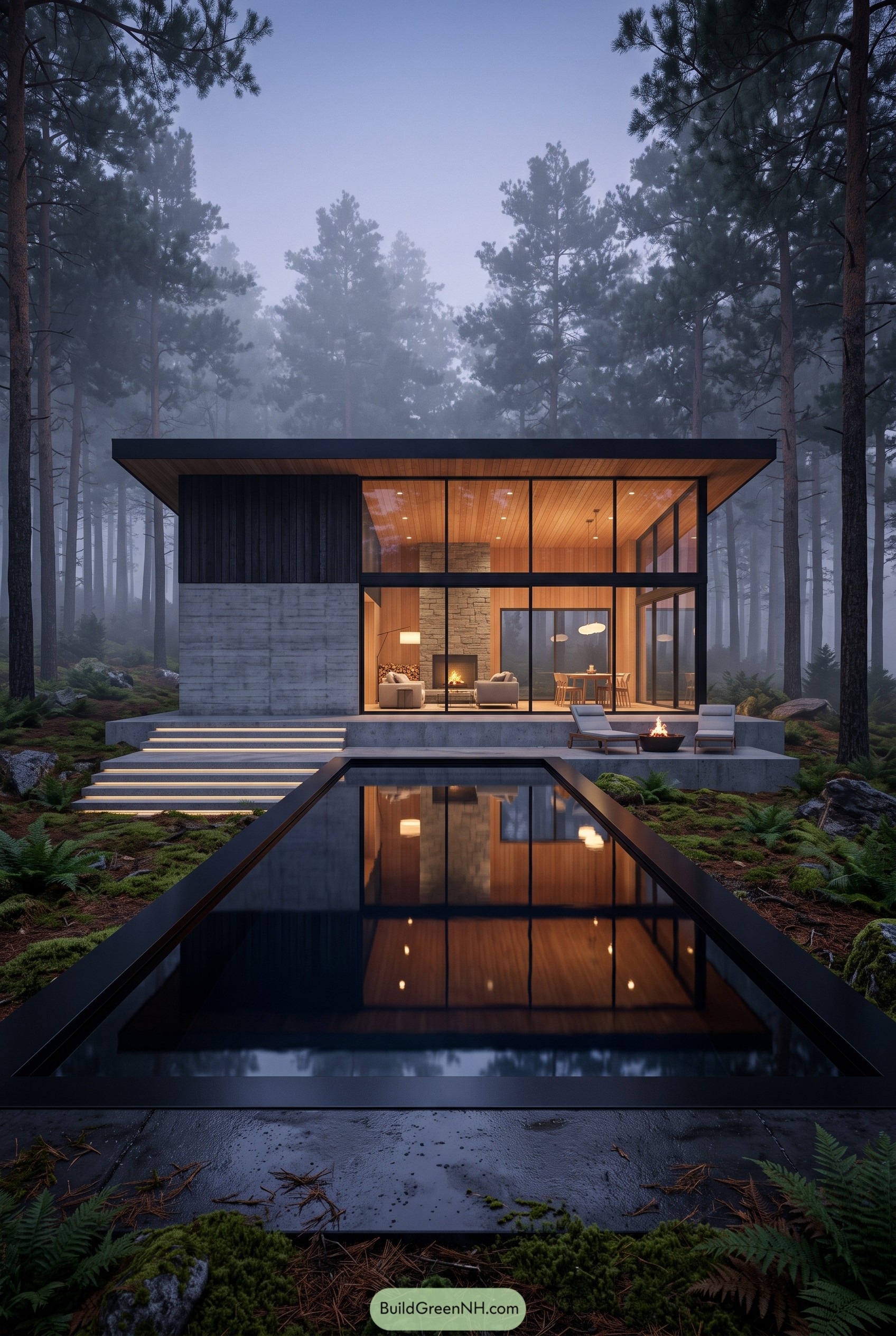 Glass cabin beside reflecting pool in foggy pine forest
