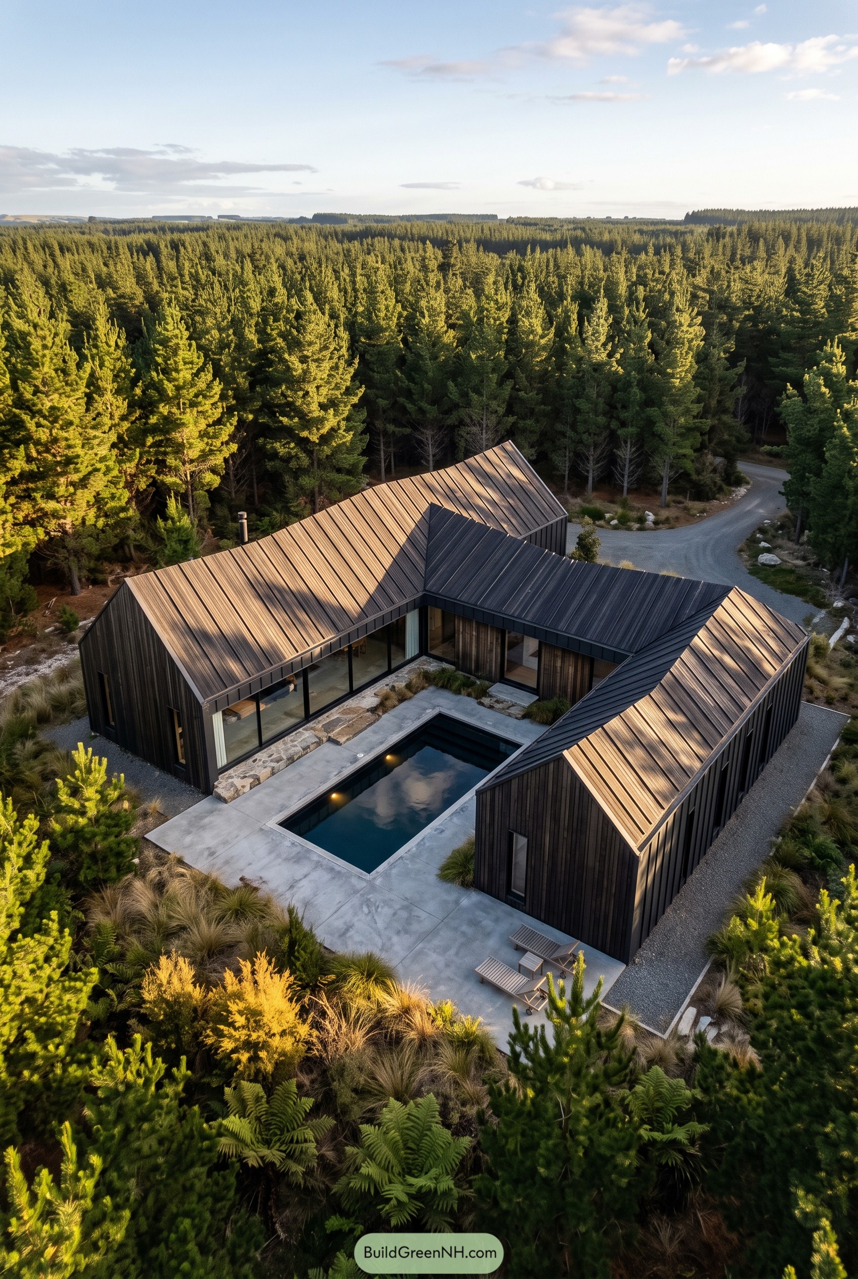 Modern black cabin with courtyard pool in pine forest