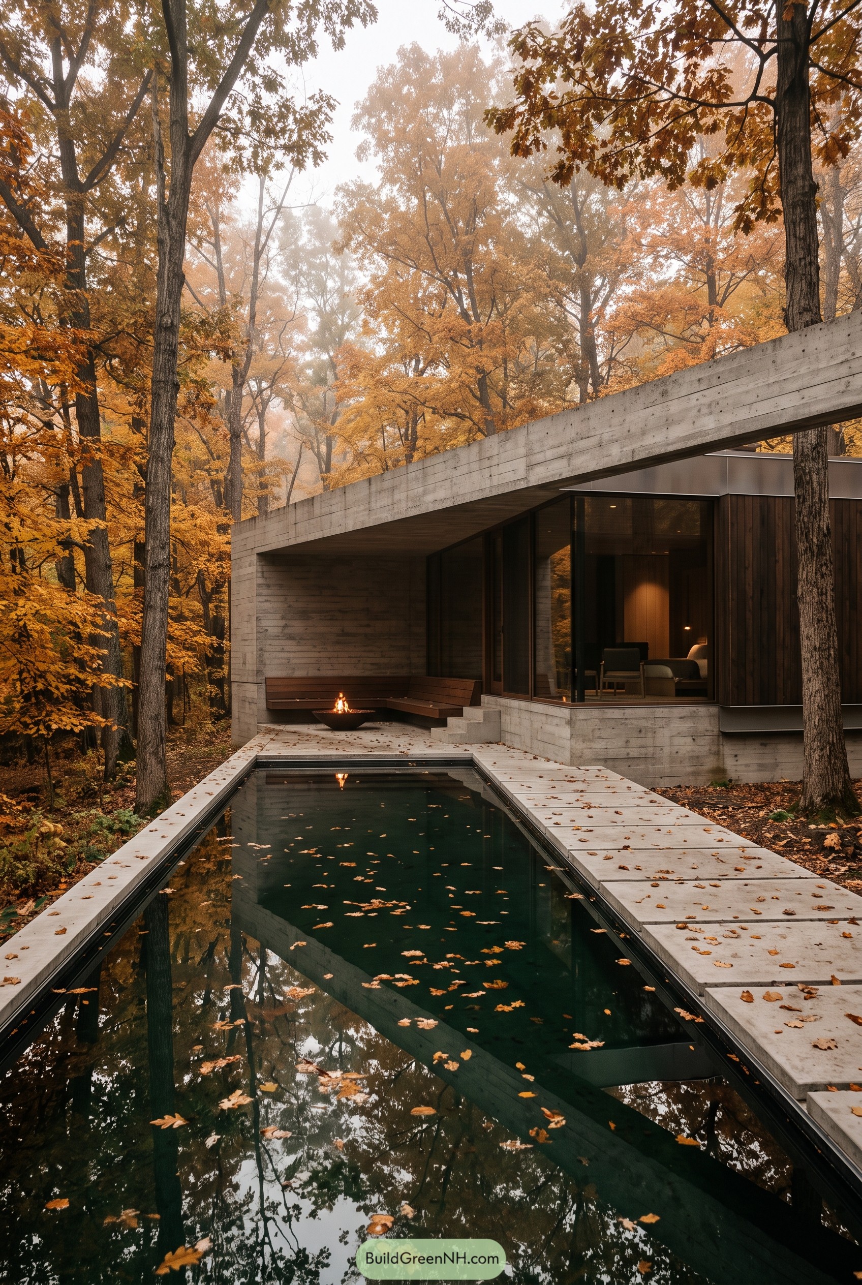 Modern concrete cabin with forest pool