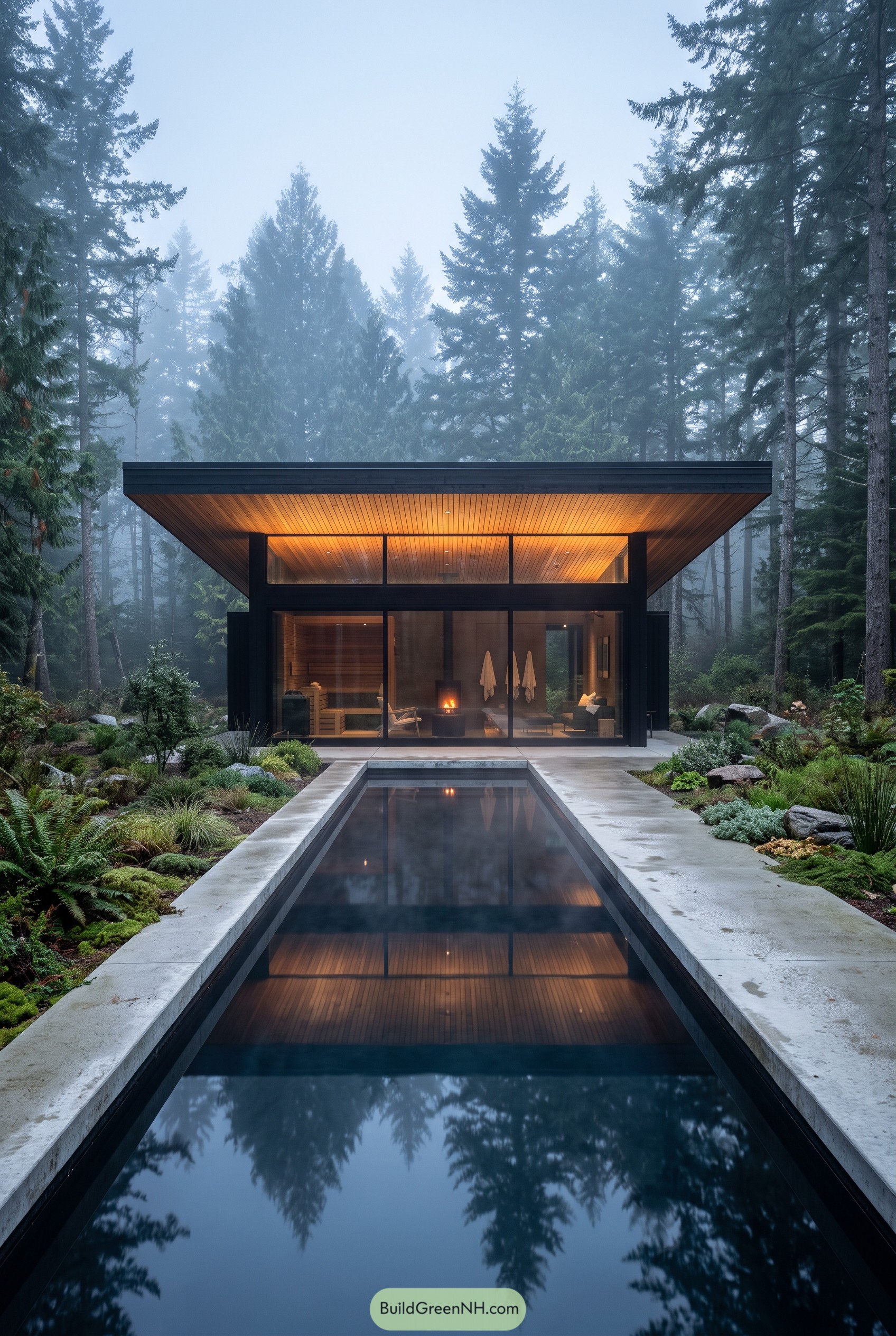 Modern glass cabin with pool in foggy pines