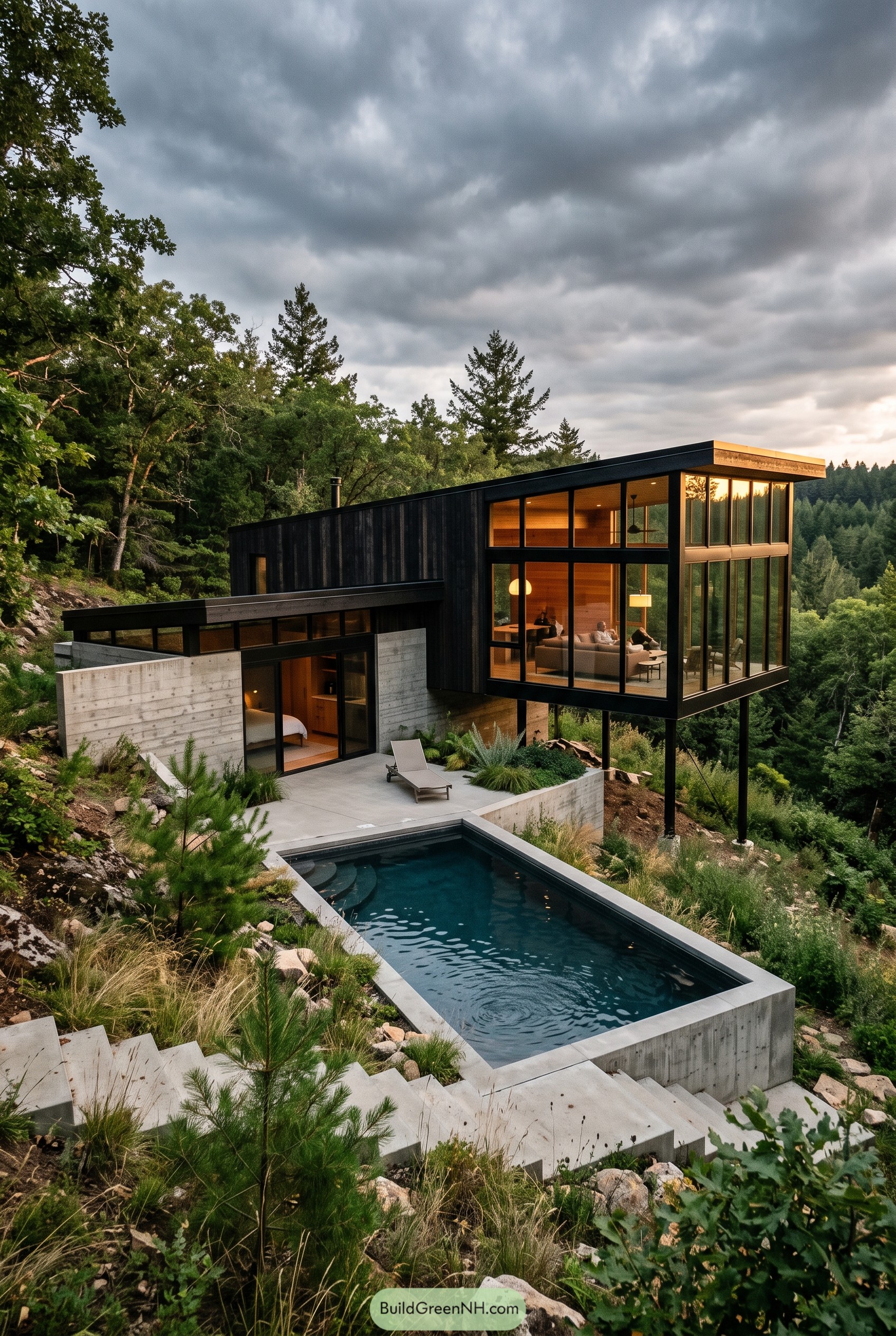 Modern hillside cabin with glass walls and pool