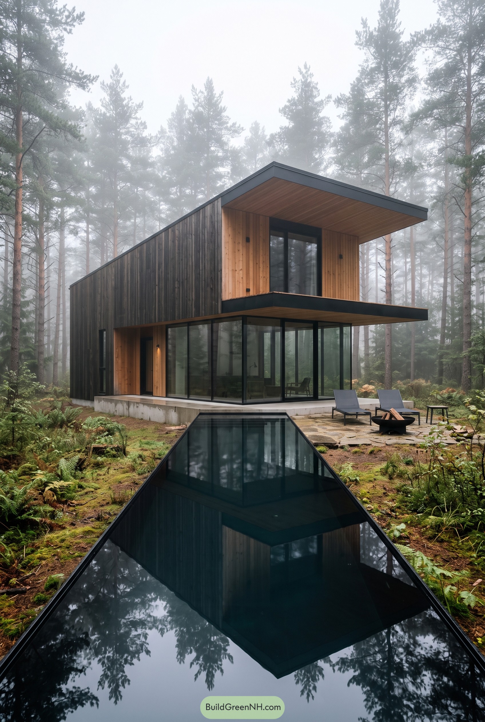 Modern forest cabin with narrow reflecting pool