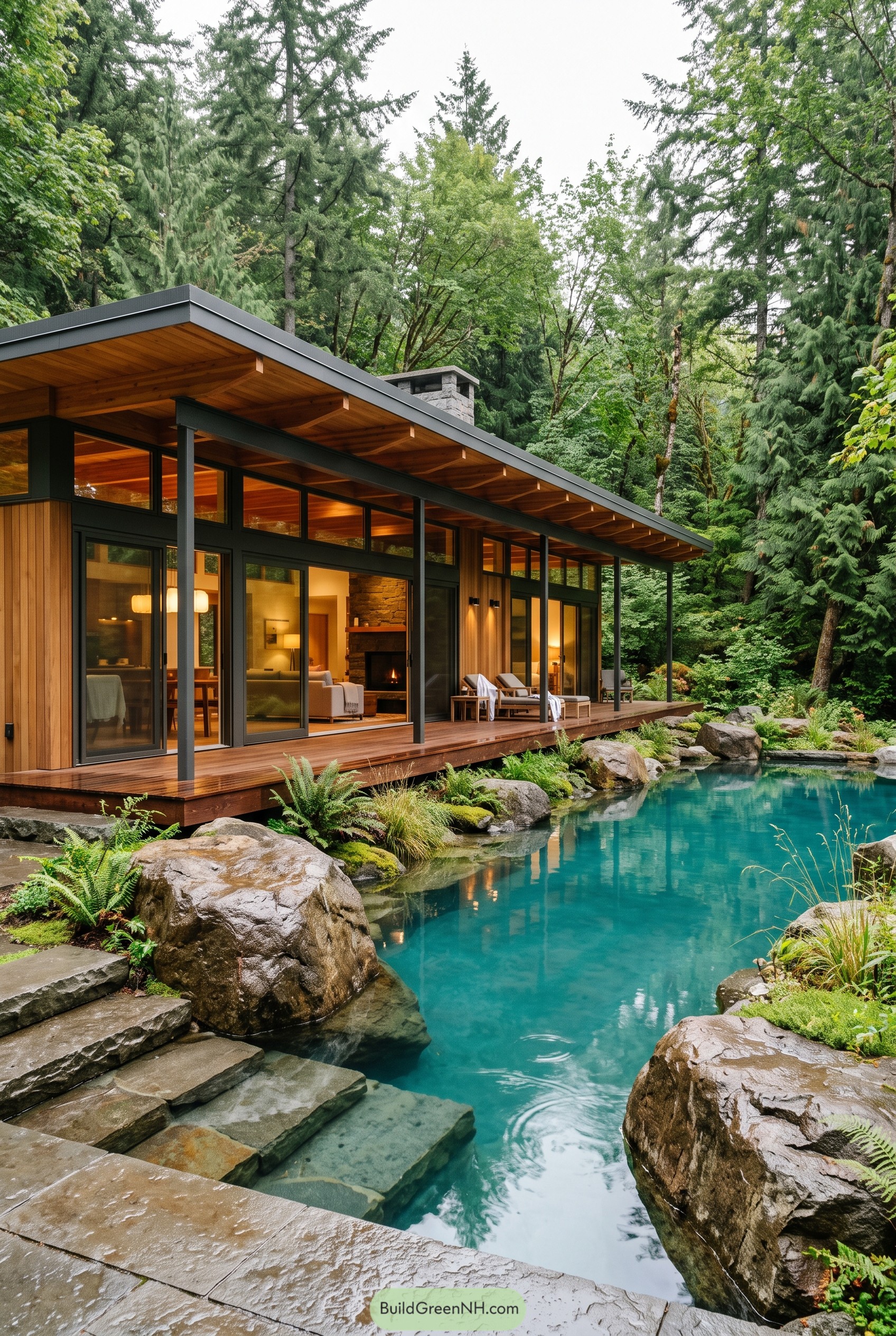 Modern timber cabin with a natural pool