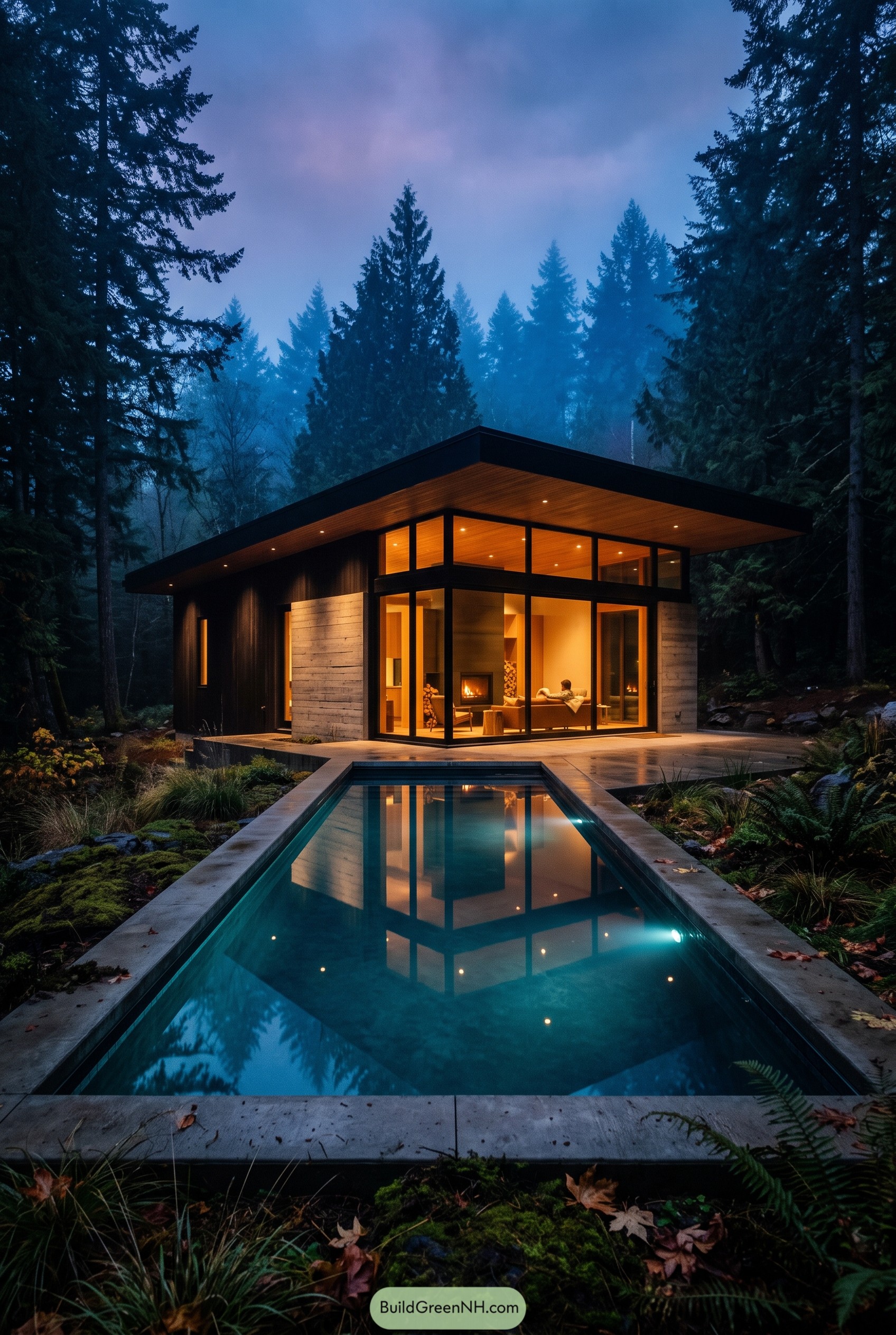 Modern cabin with pool in foggy forest