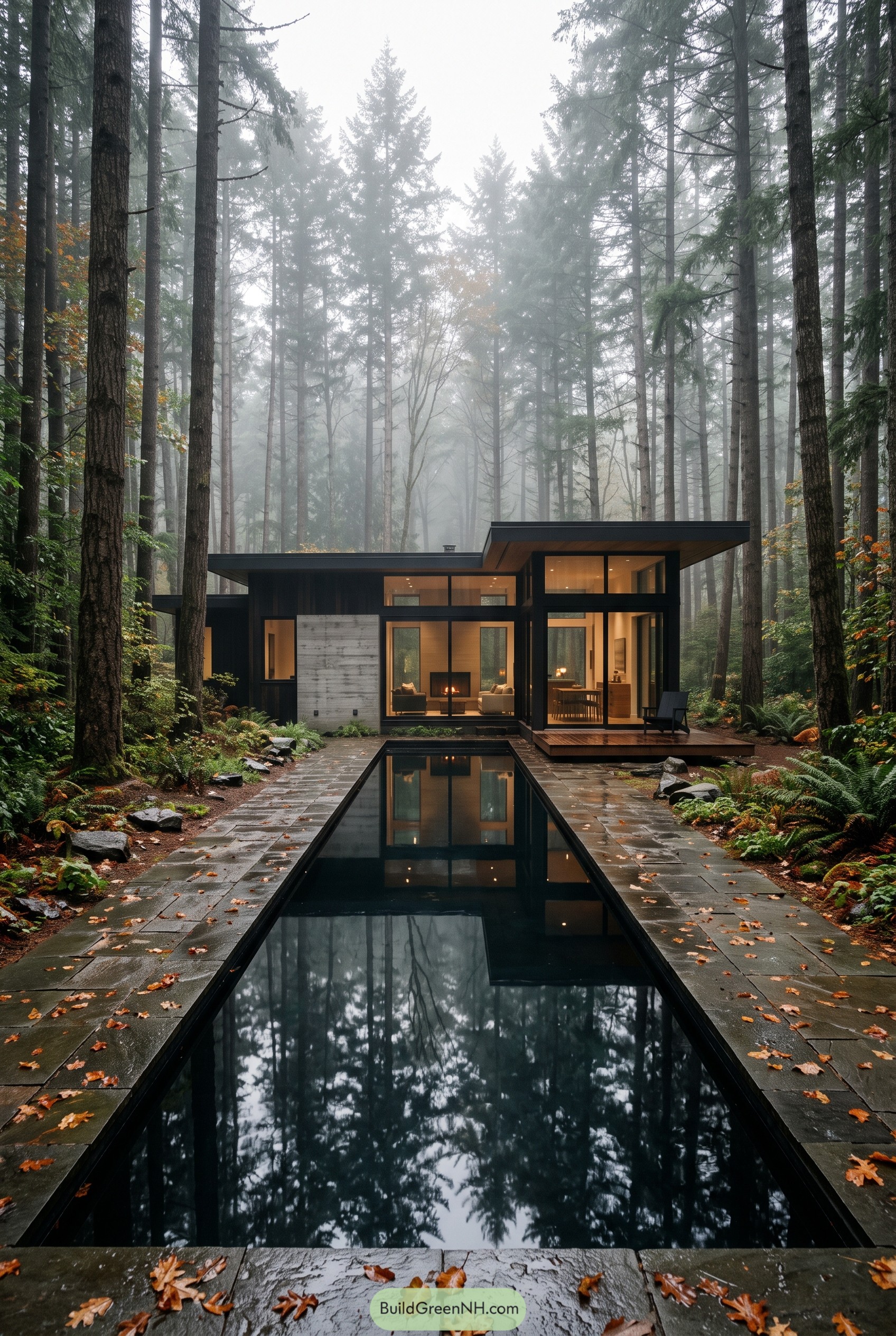 Modern forest cabin with a narrow pool
