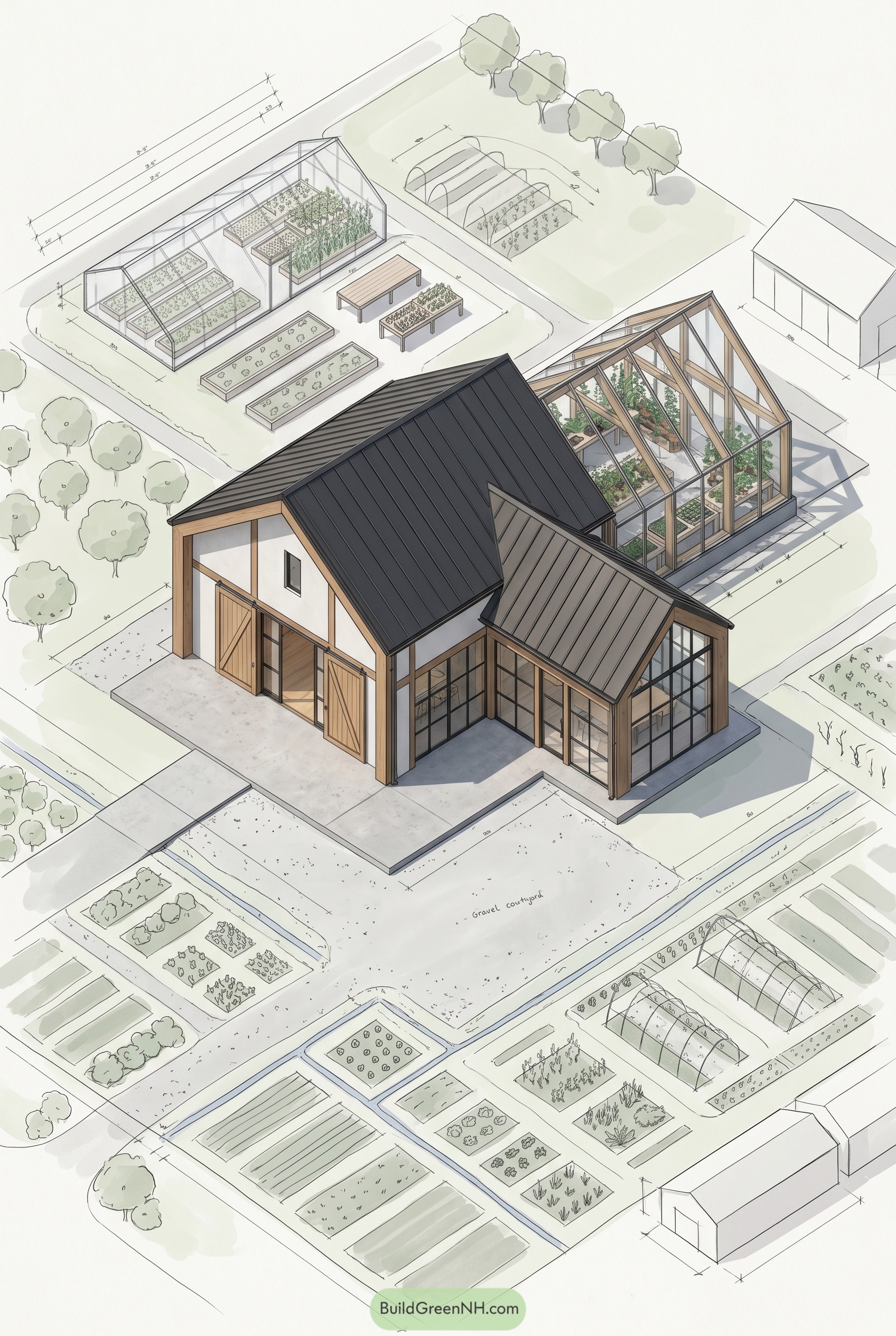 Modern farmhouse with glass greenhouse and garden beds