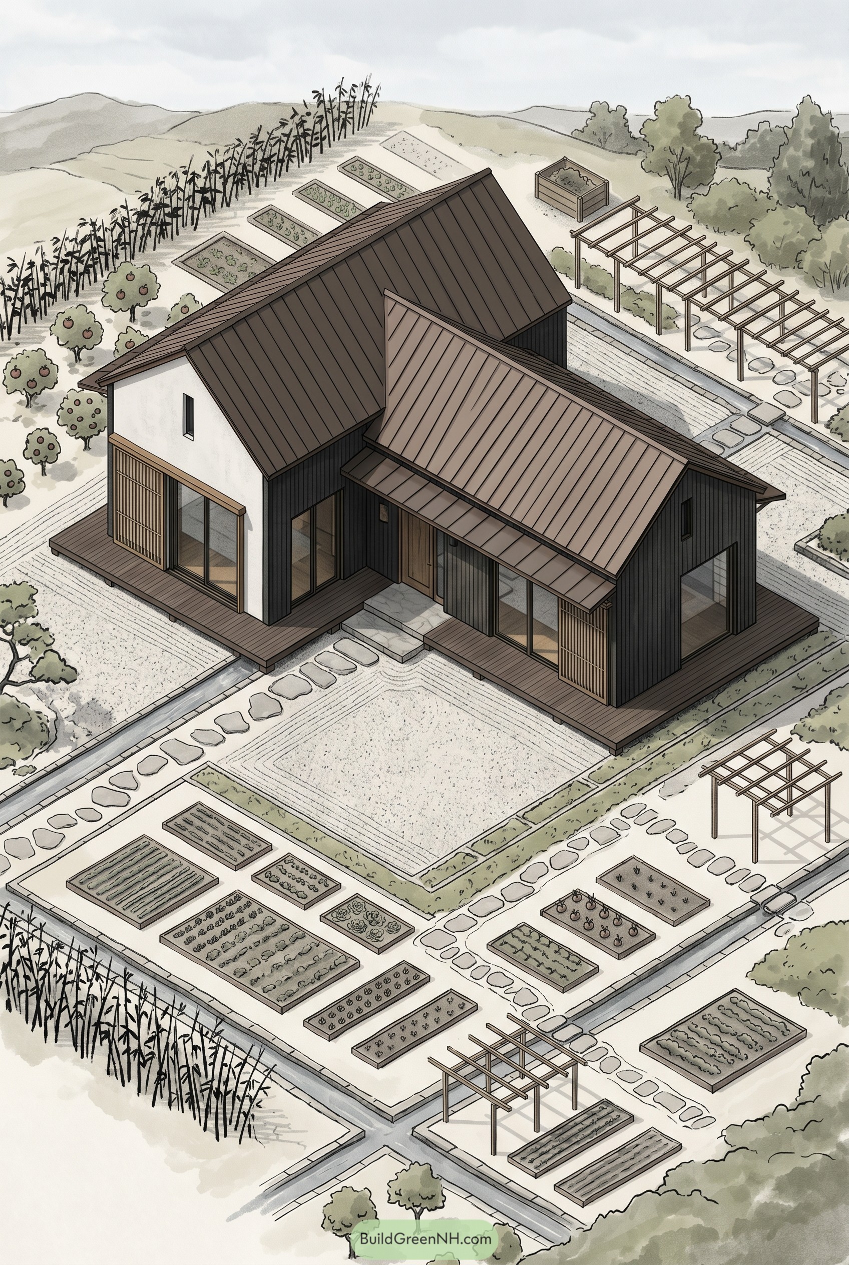 Modern farmhouse with raised garden beds and pergolas