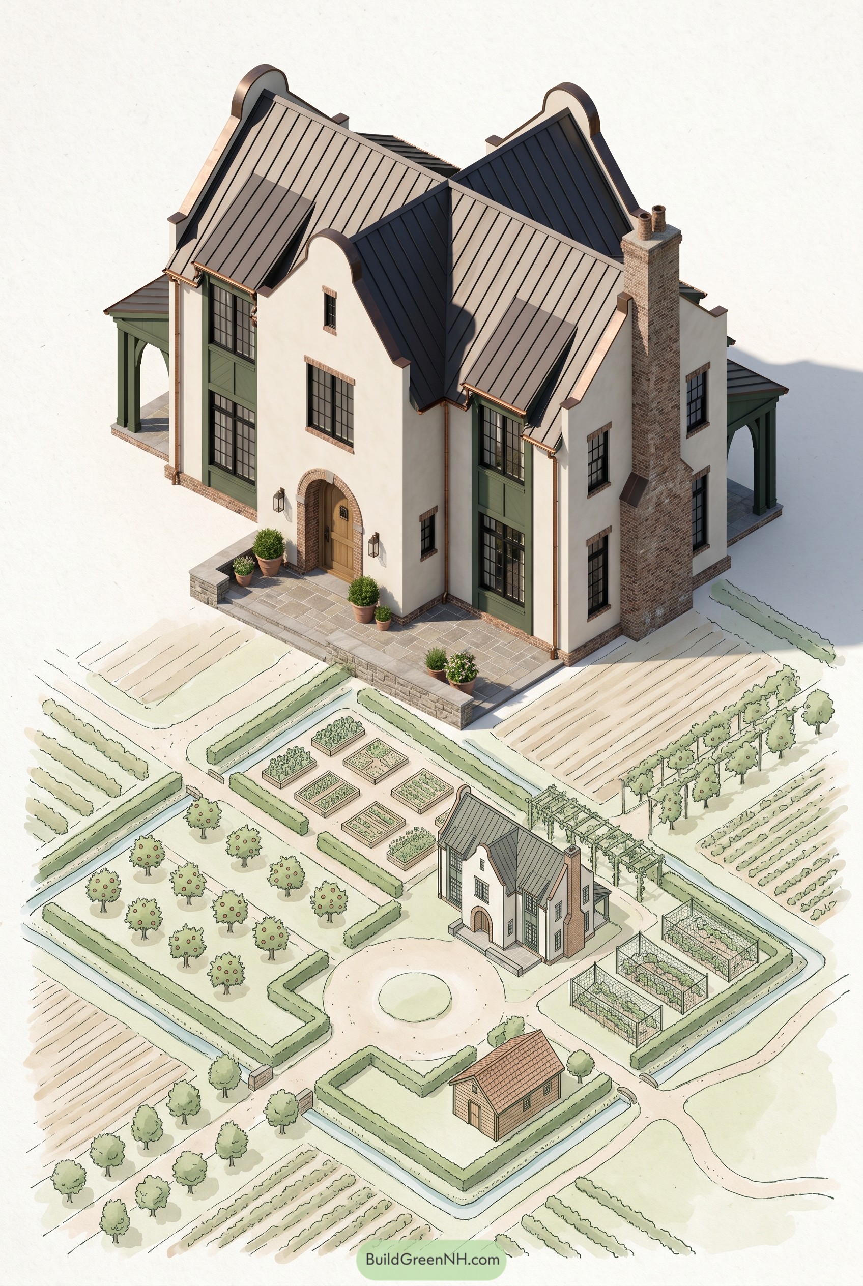 Dutch gable farmhouse with formal farm gardens