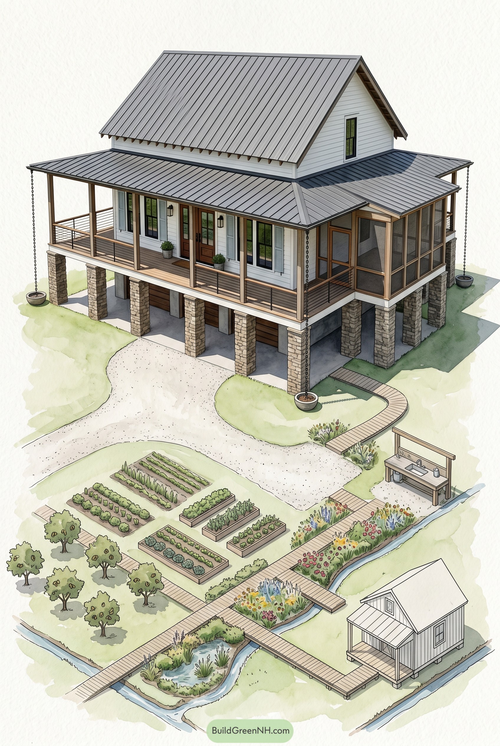 Elevated farmhouse with porch gardens and creek
