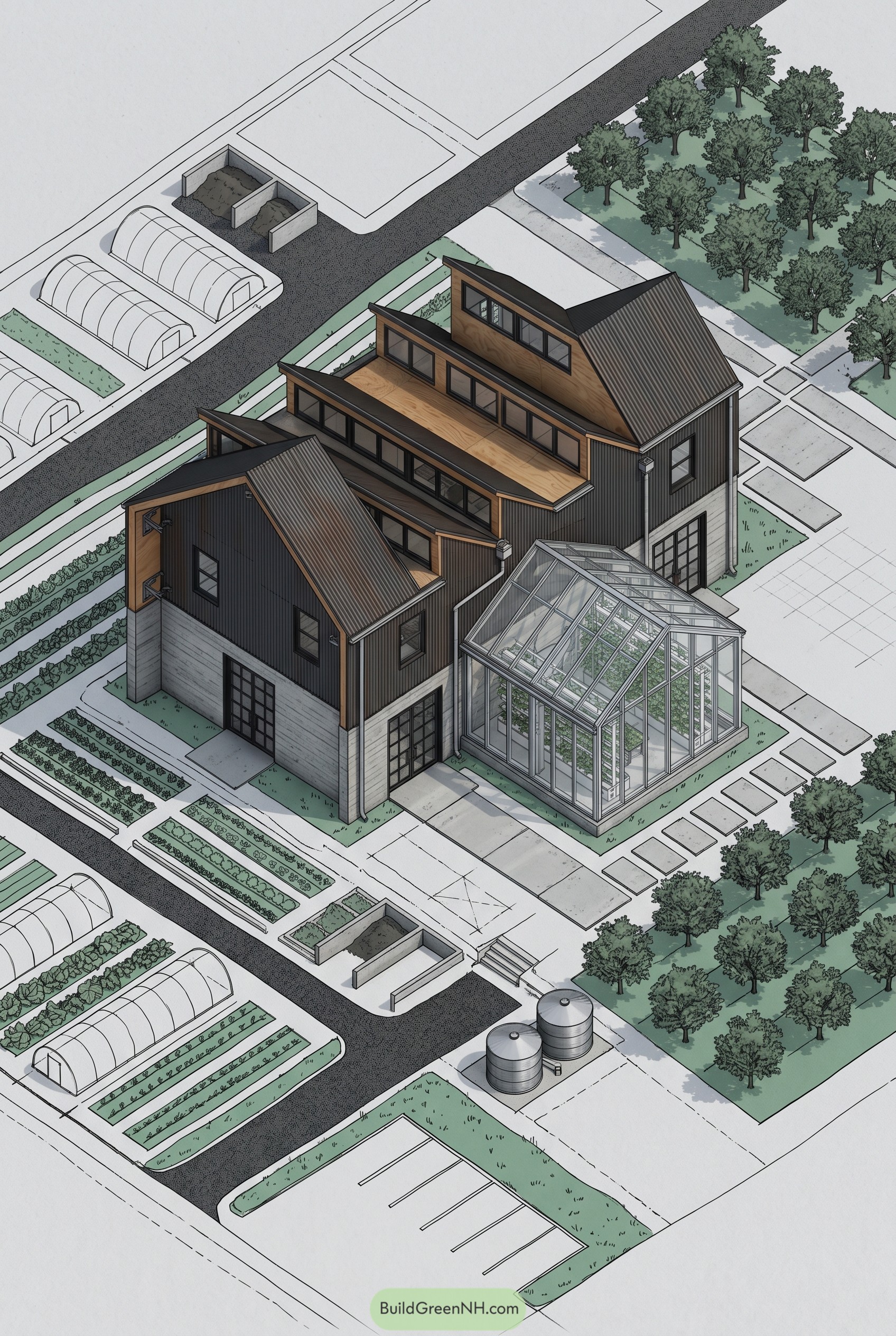 Aerial modern farmhouse with greenhouse and gardens