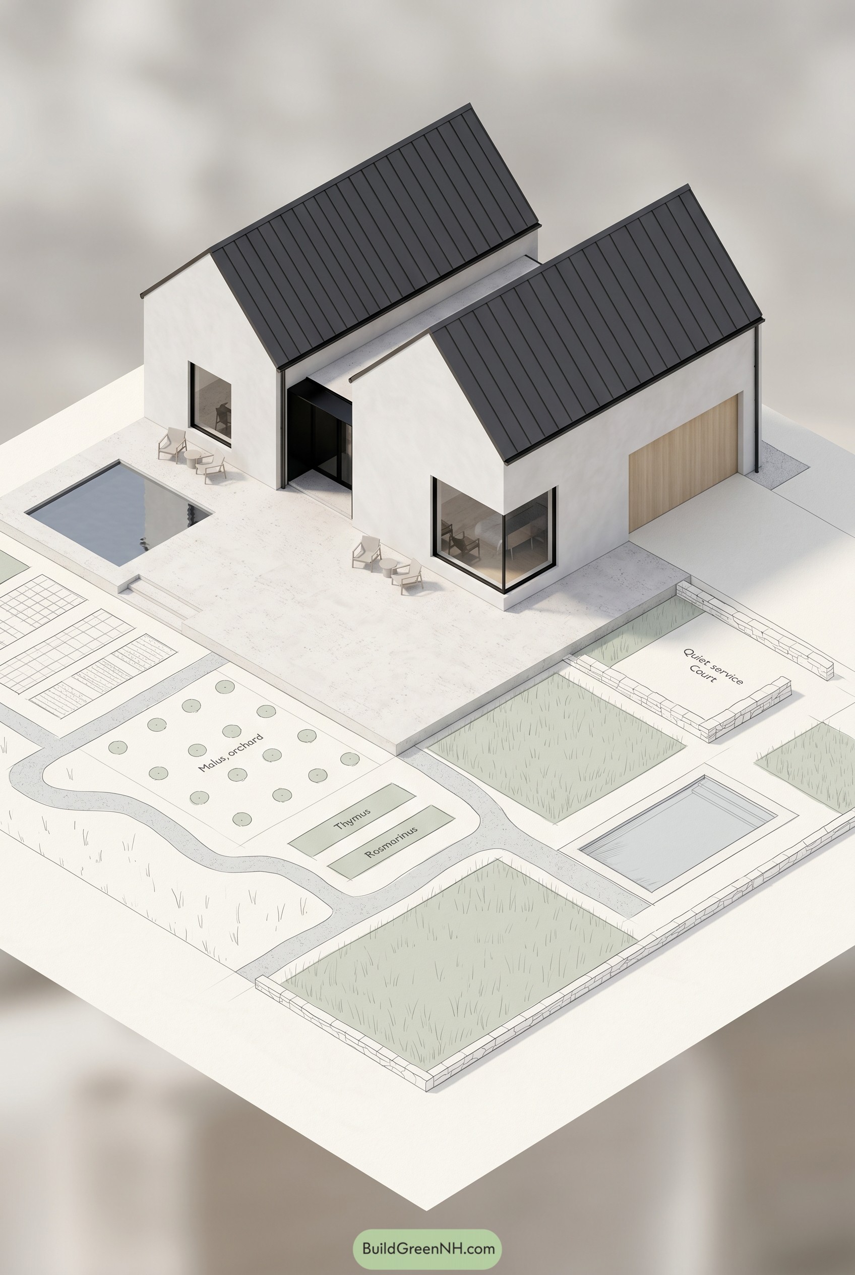 Modern twin gable farmhouse with orchard garden