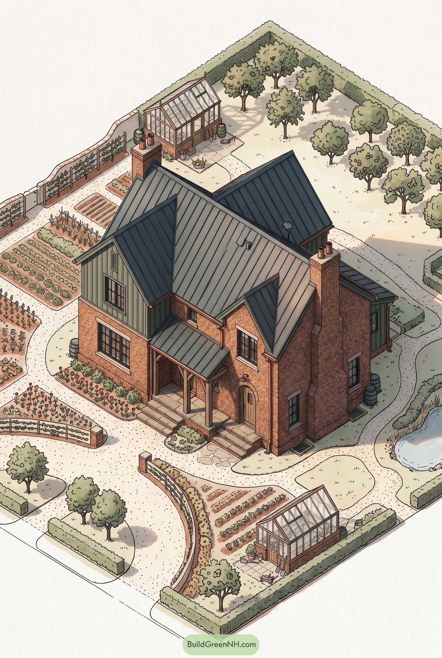Brick farmhouse with greenhouses and garden beds