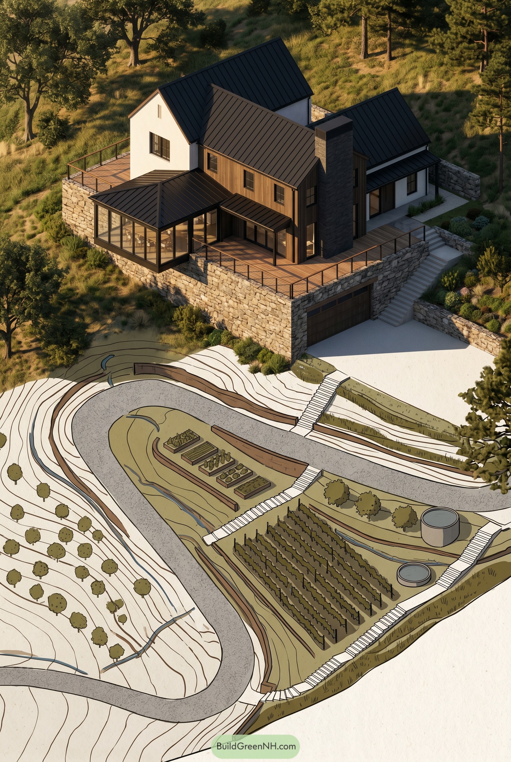 Modern hillside farmhouse with terraced gardens