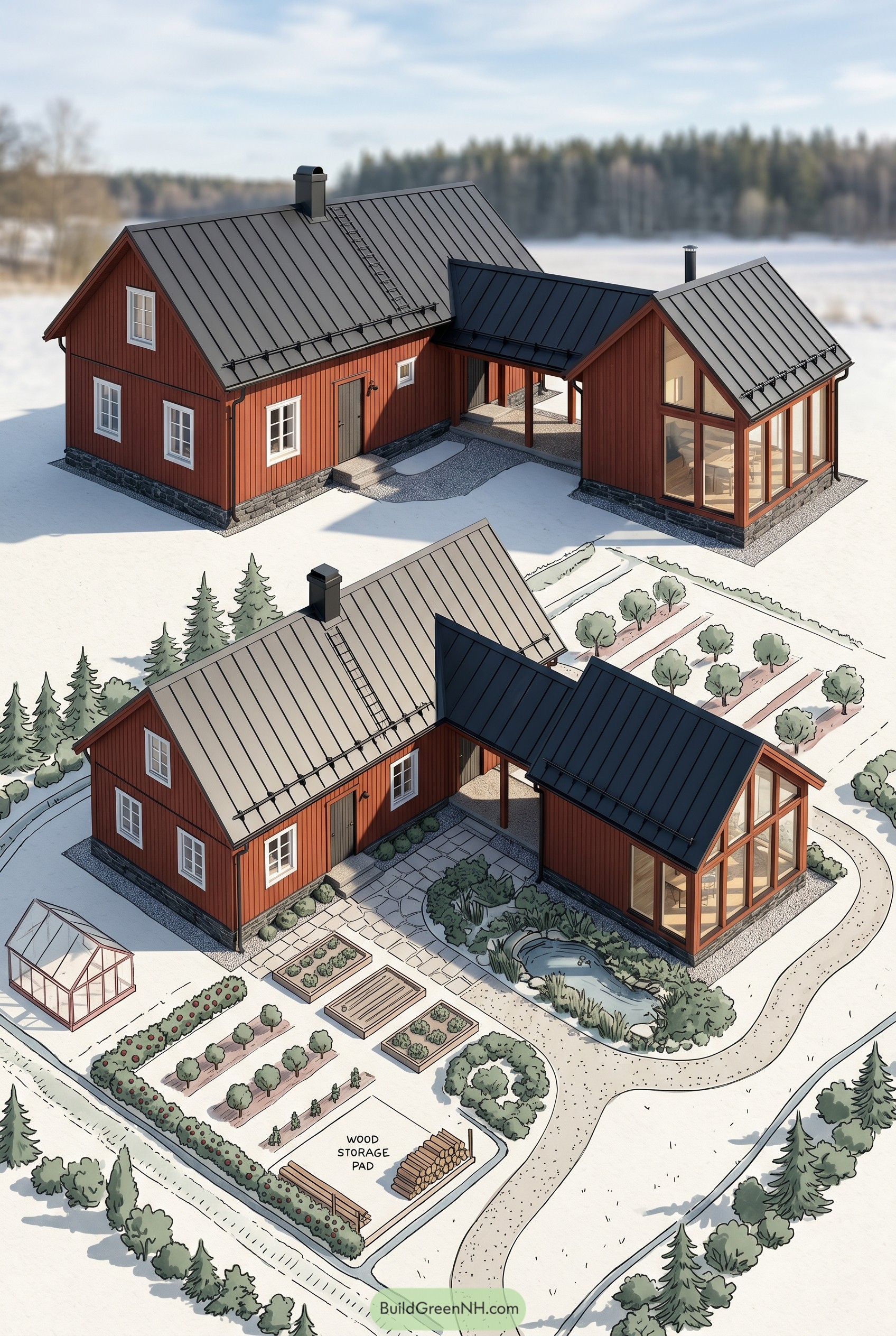 Red farmhouse with black metal roofs and winter gardens