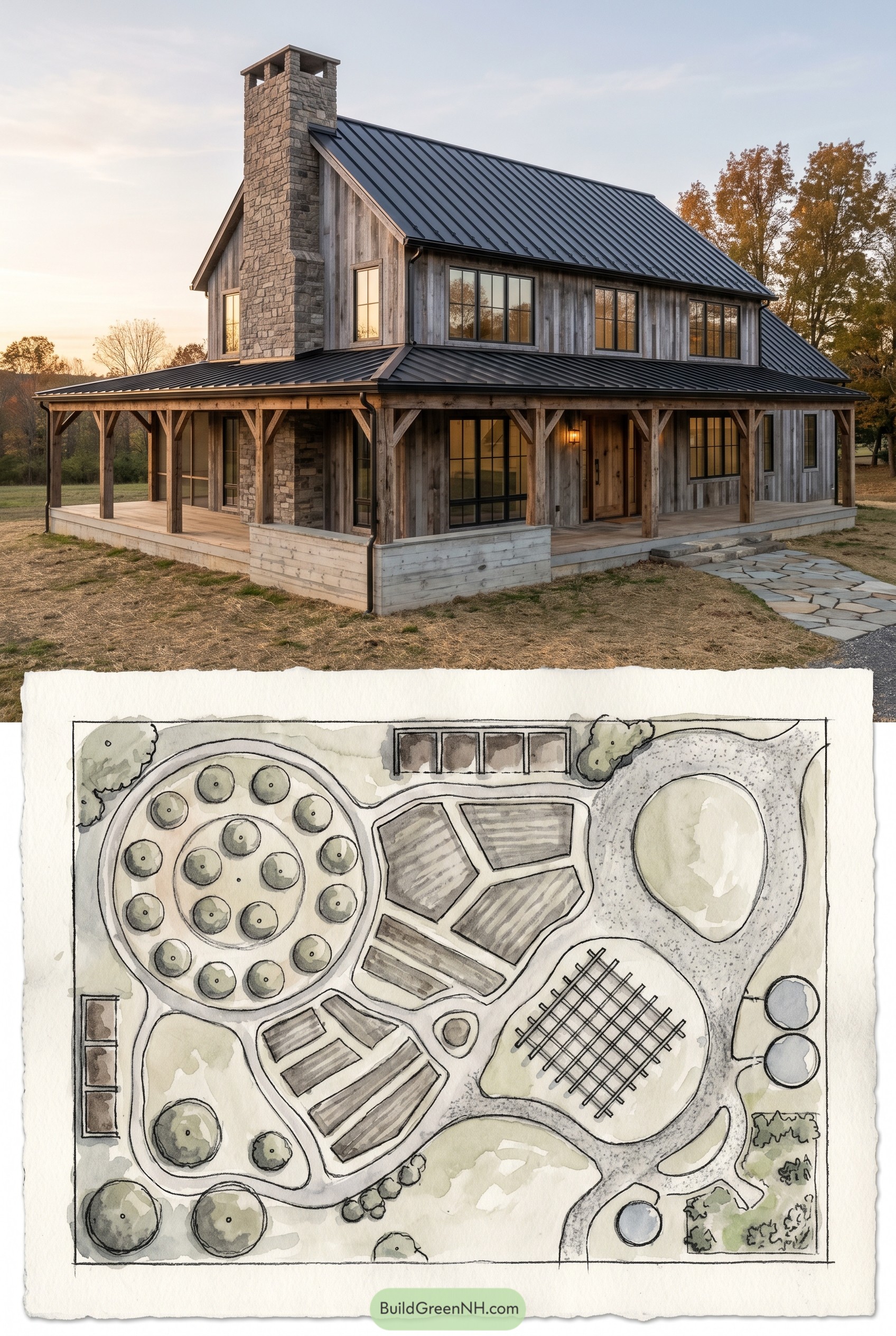 Modern farmhouse with orchard garden plan