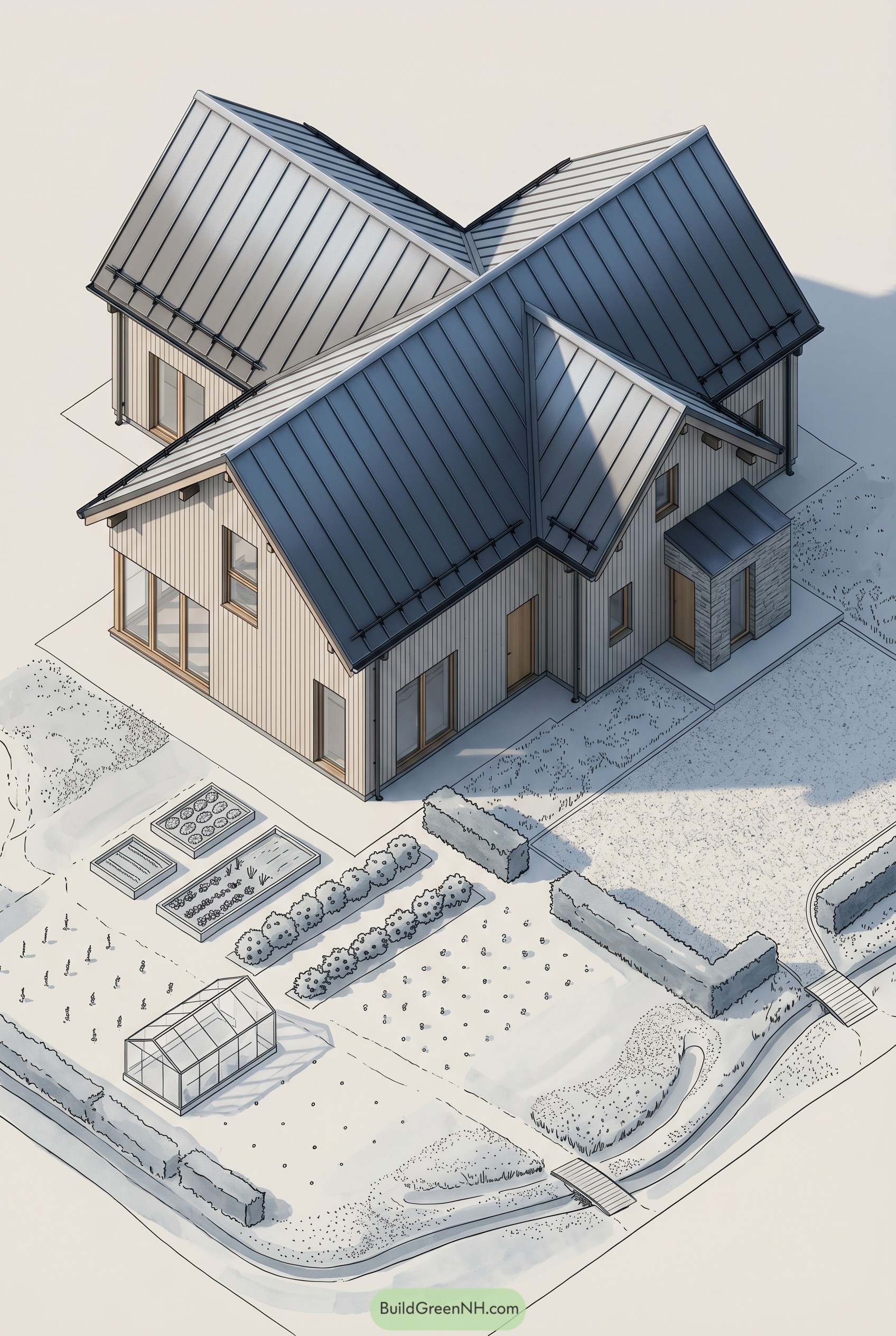 Modern farmhouse with metal gables and garden beds