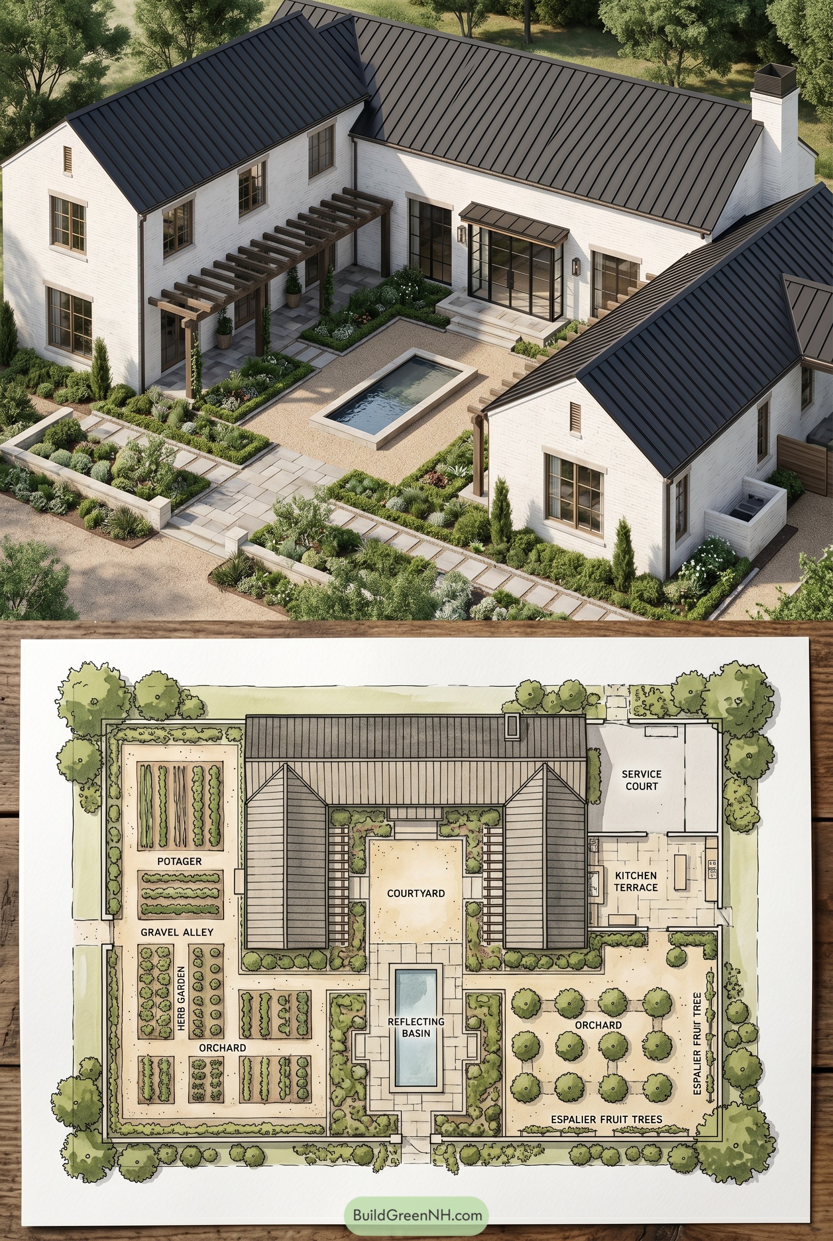 White brick farmhouse with courtyard garden plan