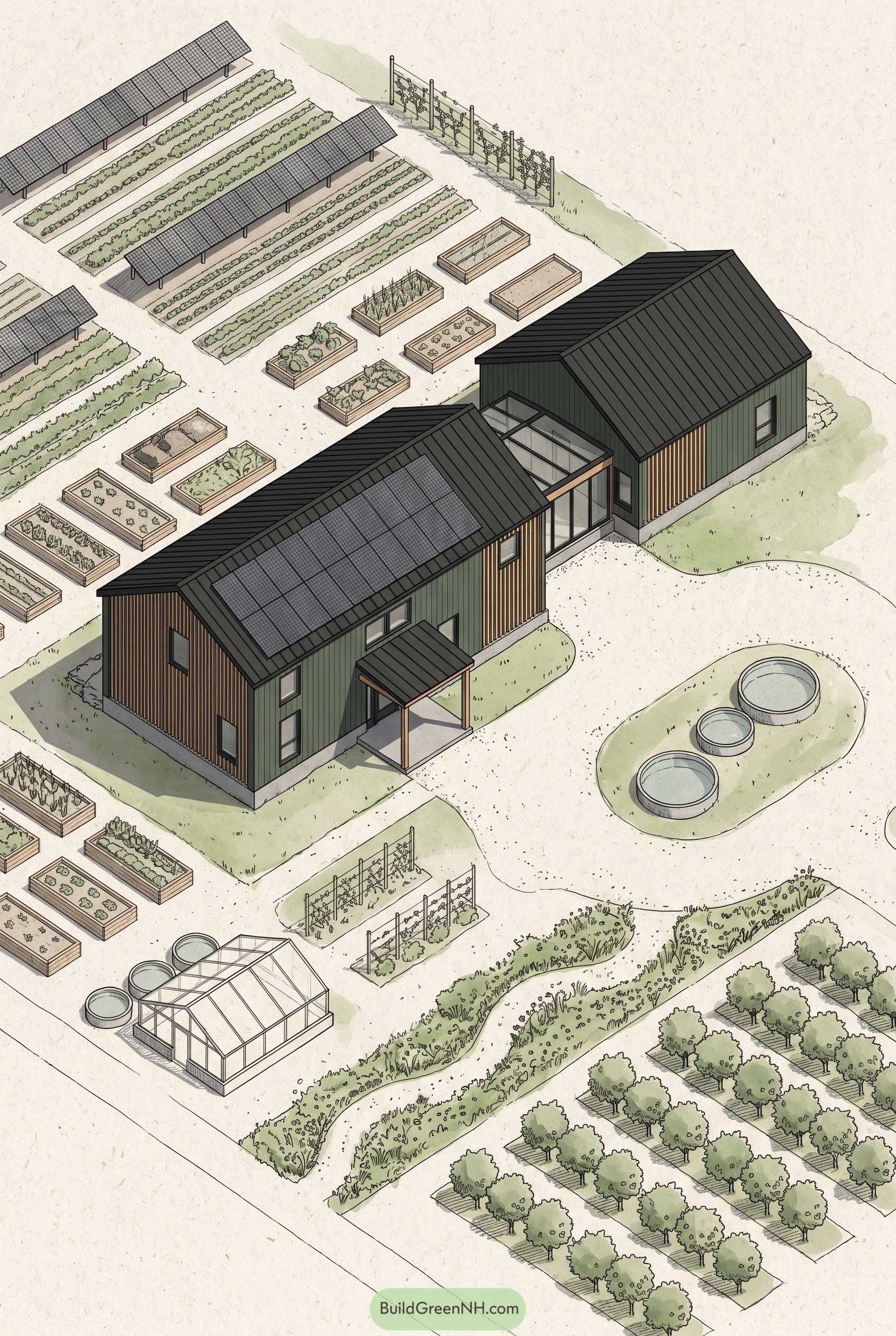 Aerial plan of green farmhouse with gardens