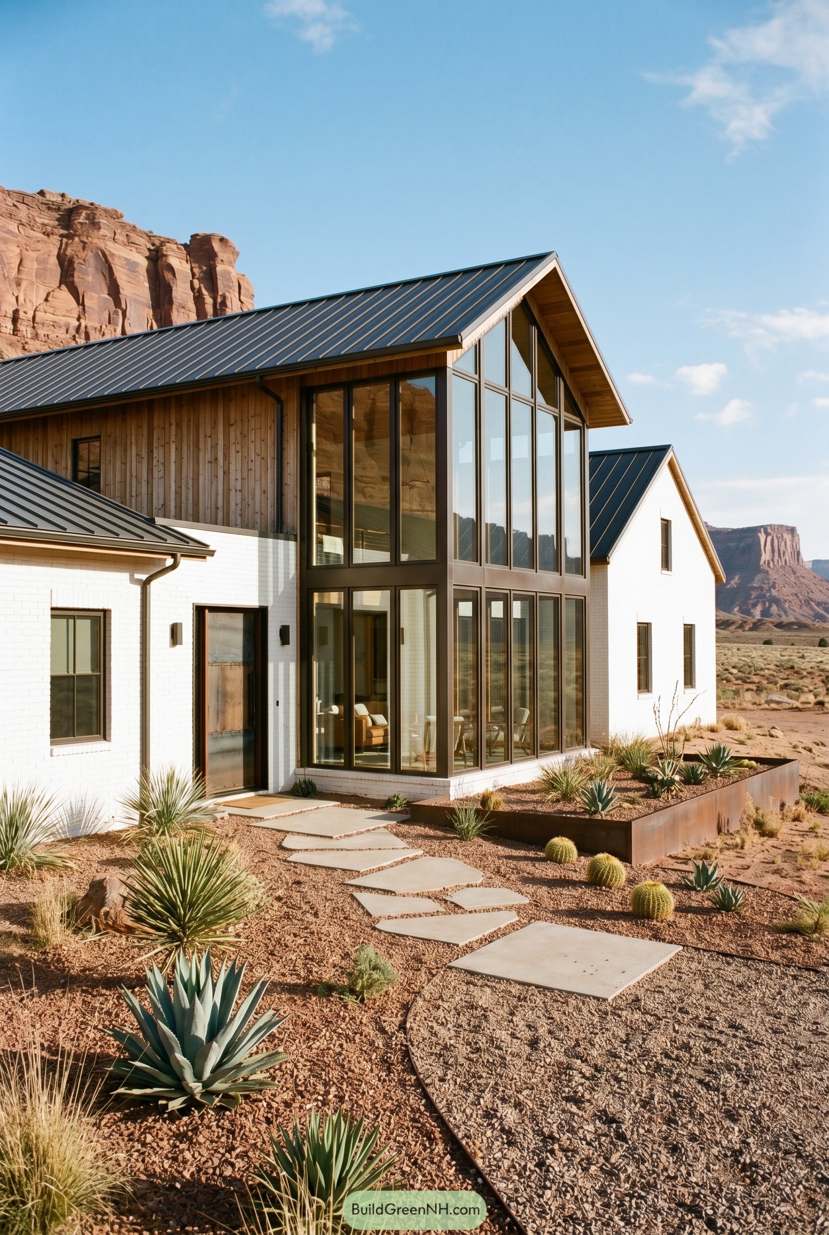 Modern farmhouse with tall glazed gable in desert
