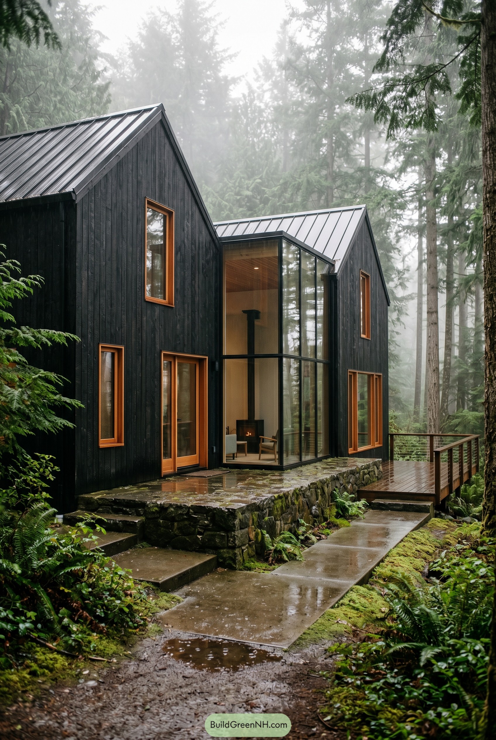 Black gabled farmhouse with glass connector in misty forest