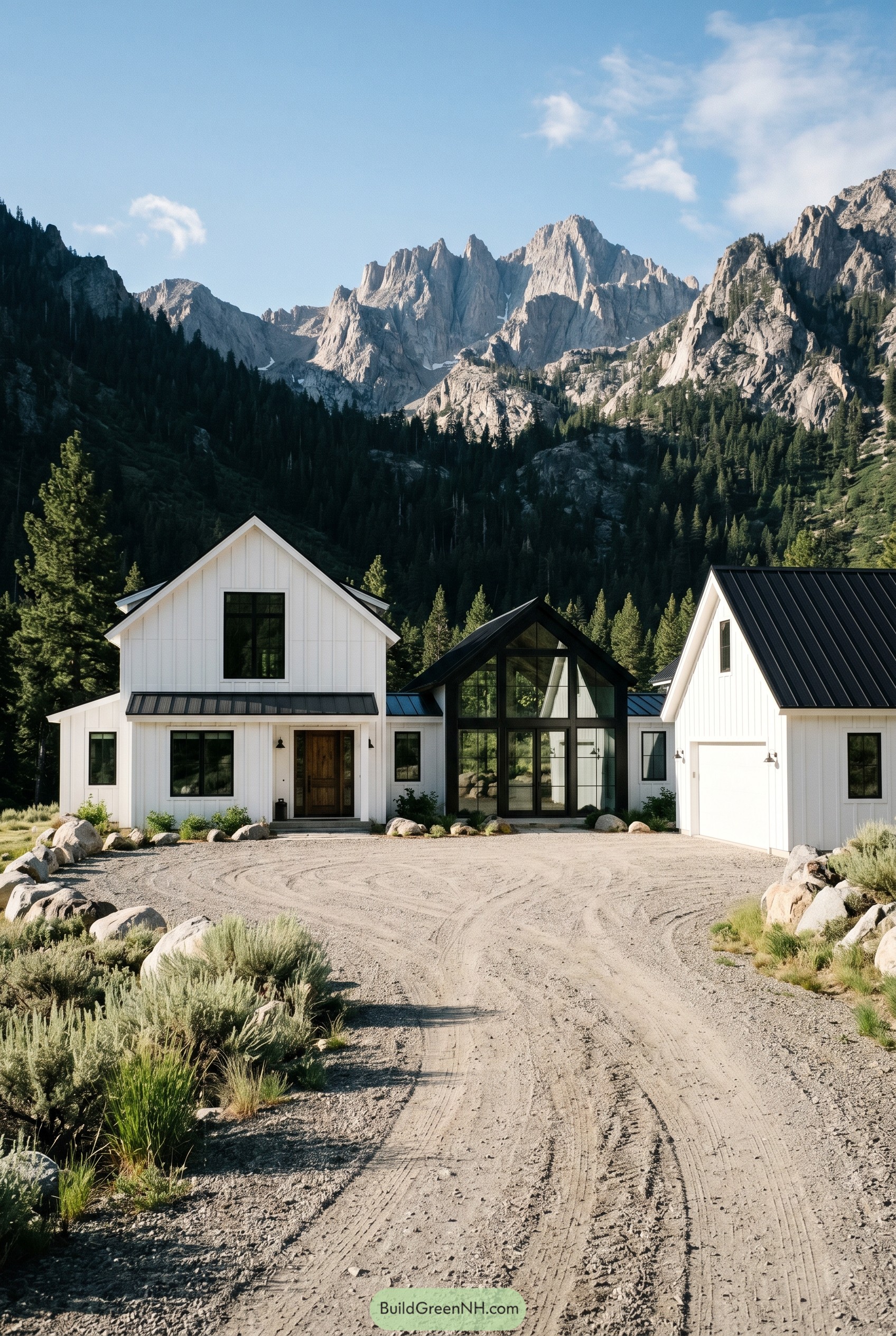 White farmhouse with central glass gable in mountains