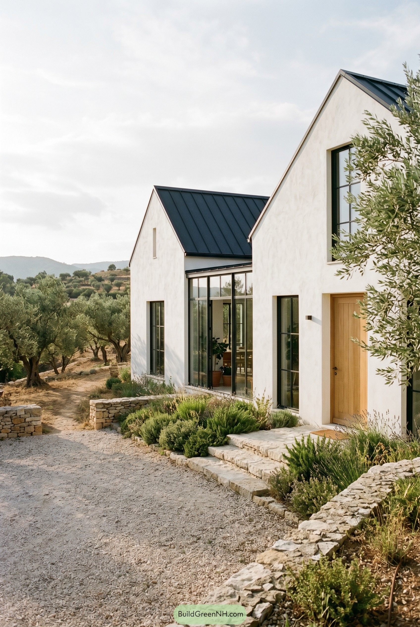 White gabled farmhouse with glazed connector in an olive grove