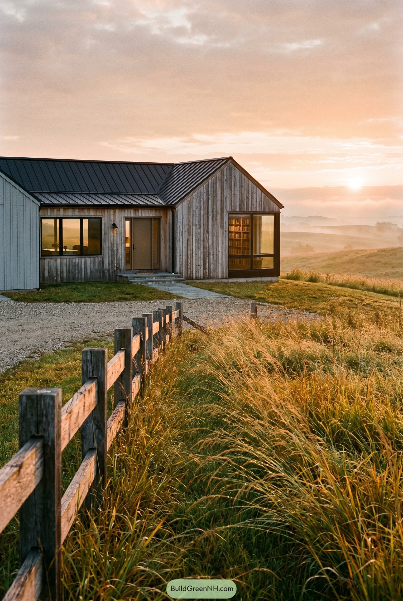 Modern farmhouse with glazed corner room on a grassy hill