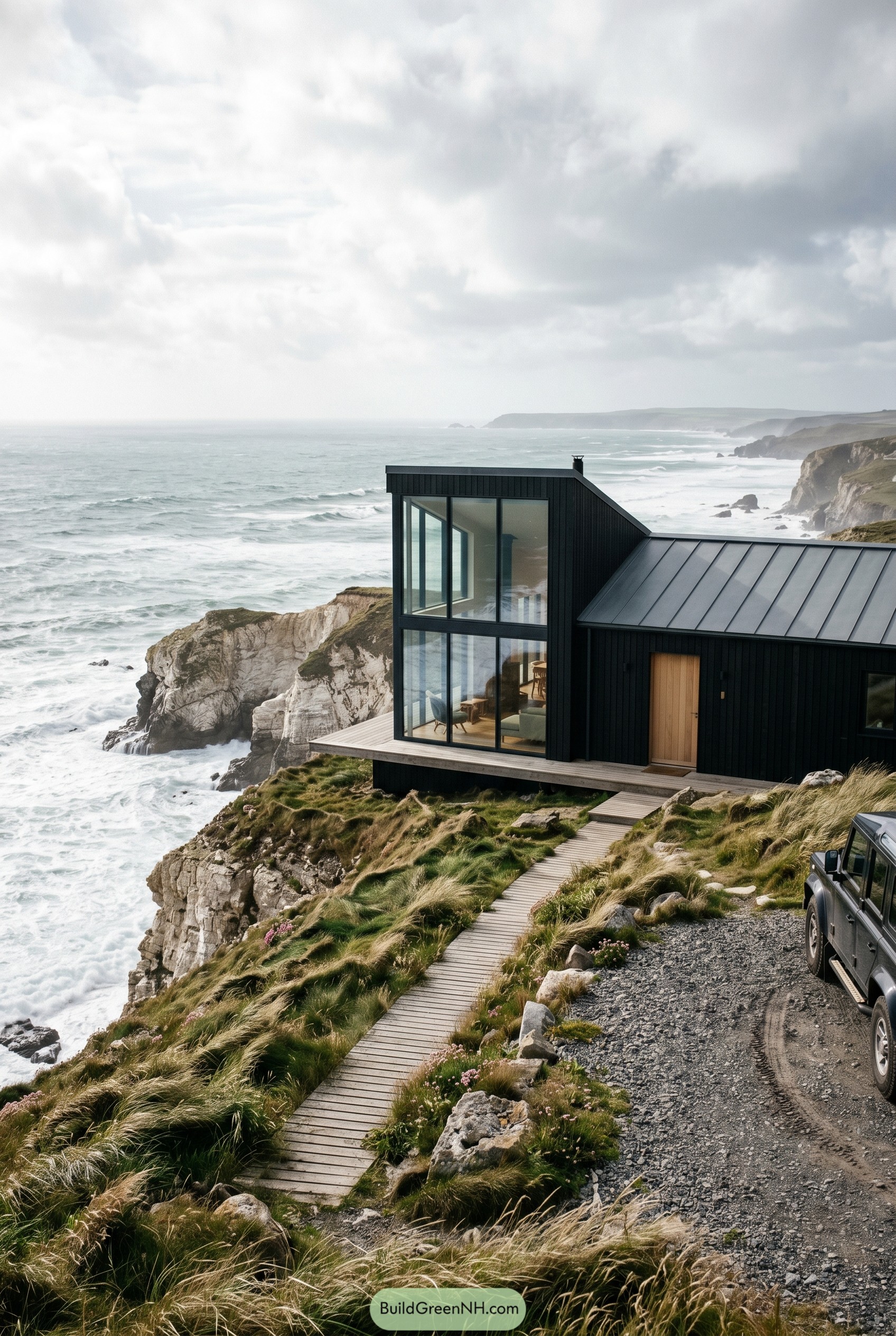 Black farmhouse with glazed corner on a sea cliff