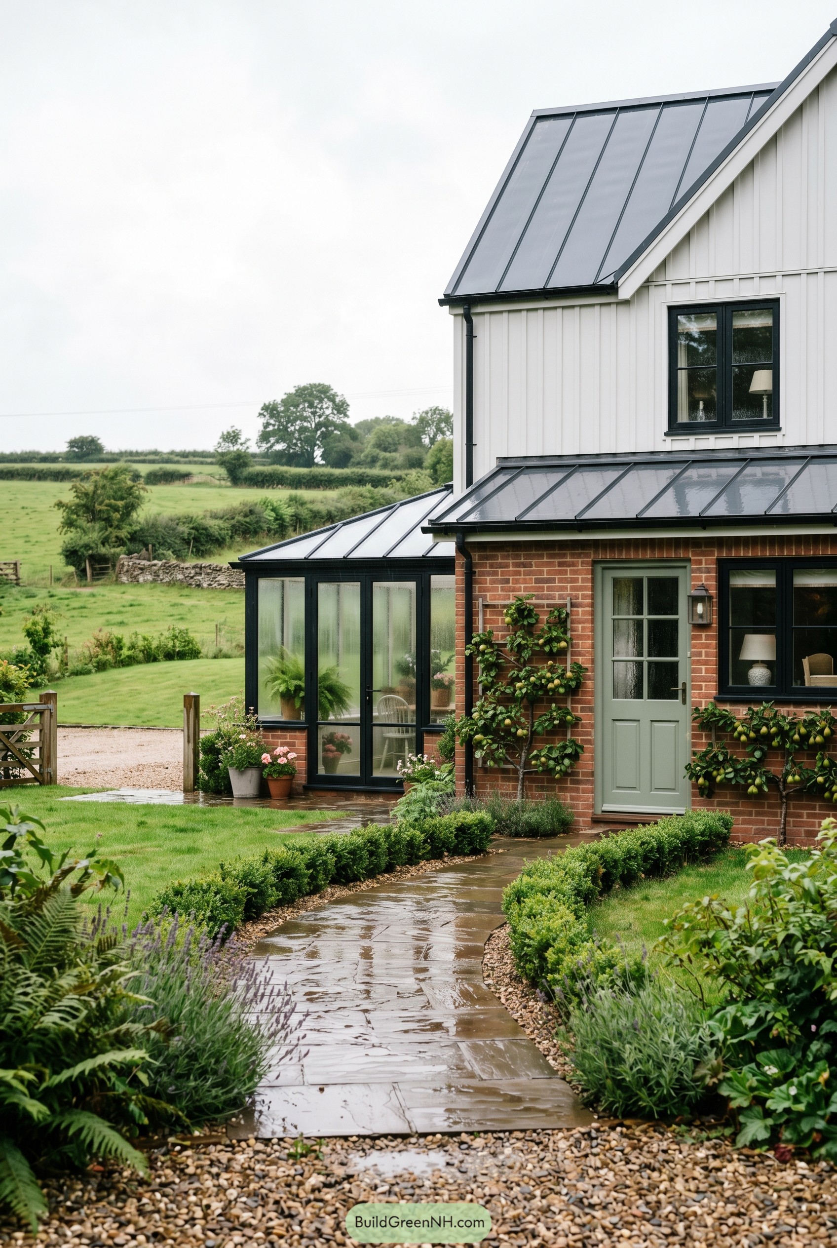 Modern farmhouse with black framed conservatory and wet garden path