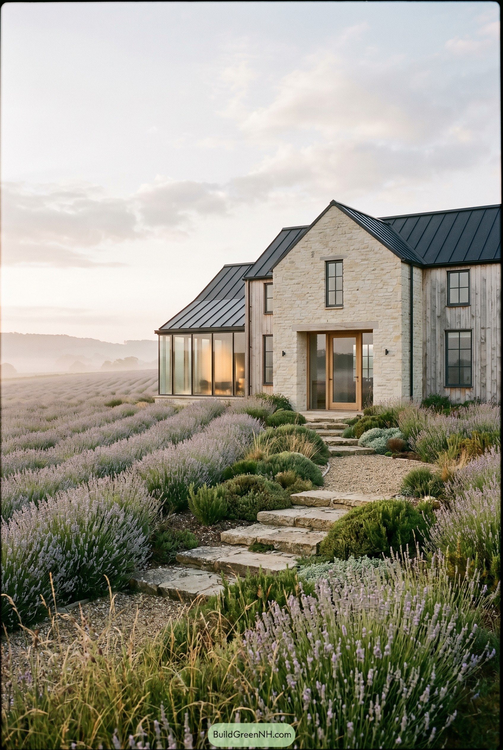 Stone and timber farmhouse with a glass sunroom in lavender fields