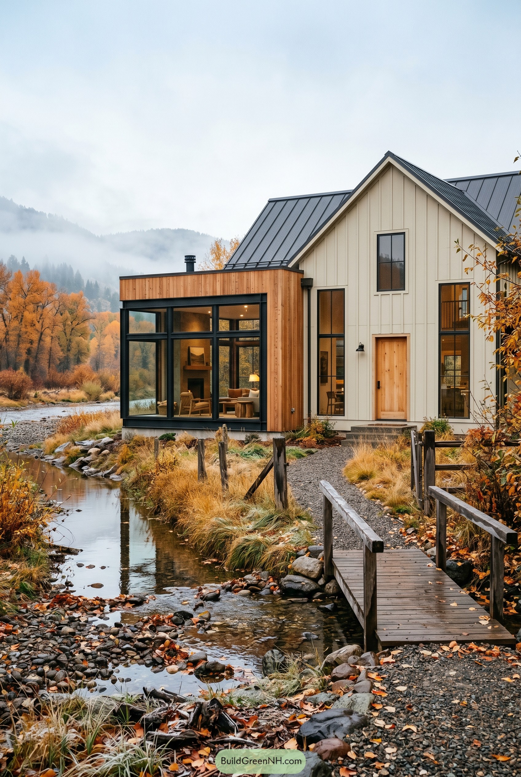 Modern farmhouse with a cedar framed glass room by a creek