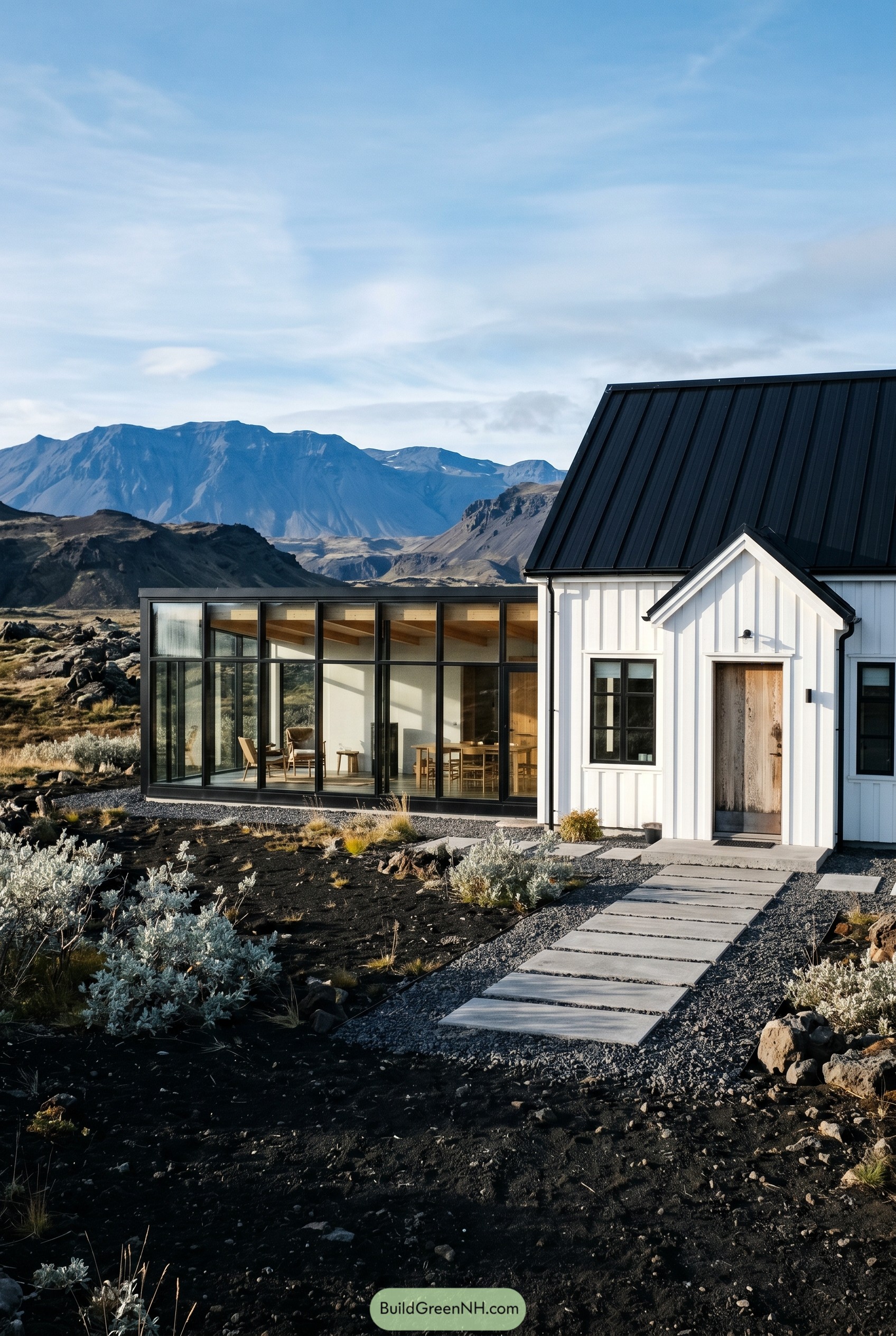 White farmhouse with glass living wing in a volcanic landscape